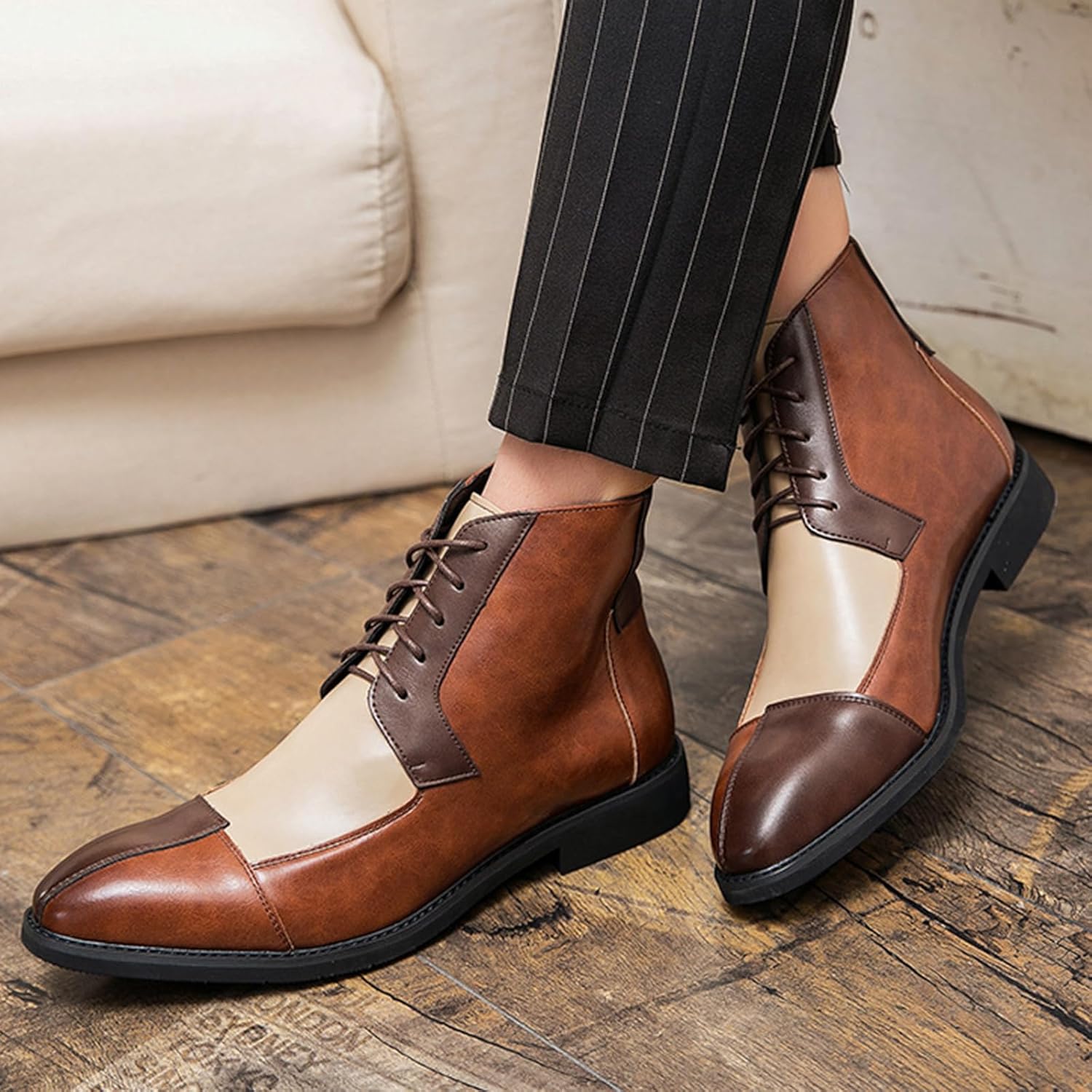 Men's Leather Color-Block High-Top Oxford Boots Fashion British Style Pointed Toe Lace Up Ankle Boots Casual Formal Business Wedding Dress Shoes