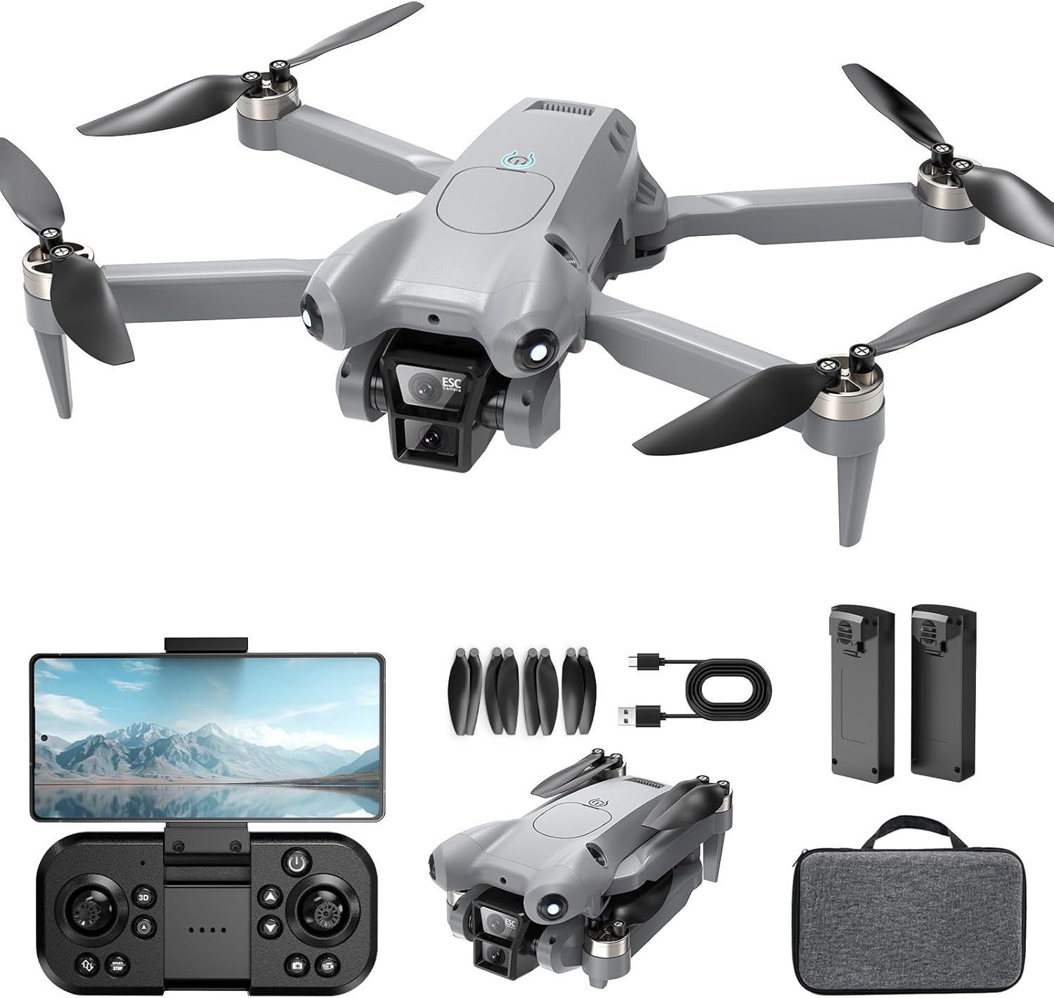 Pro Drone with Camera 4K, Brushless Motors, 40 Minutes Flight Time, 2 Batteries, FPV Foldable RC Quadcopter, Grey