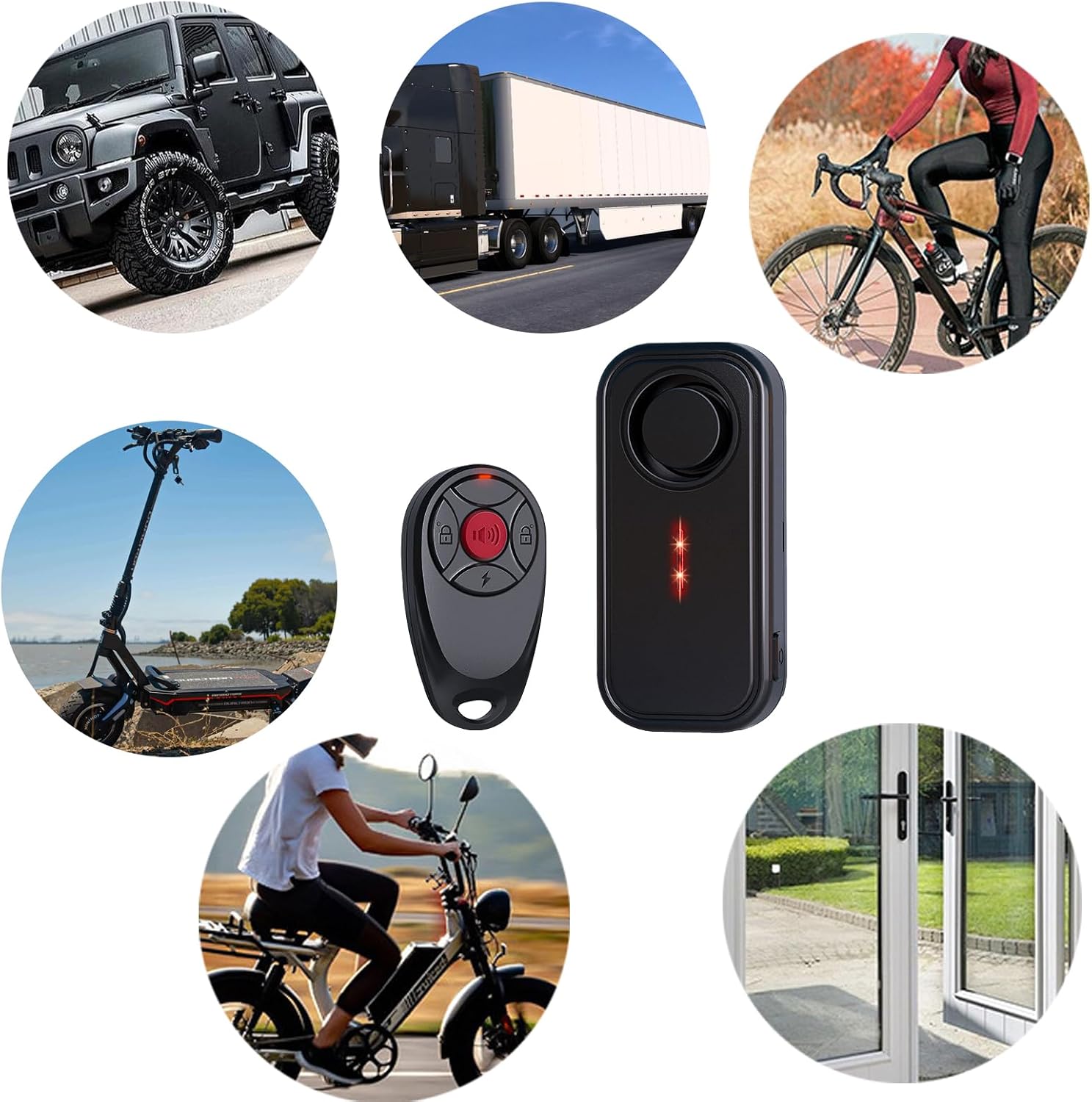 Collage of images showing the Mengshen alarm unit and remote control, surrounded by various applications: a car, a truck, a road bike, an electric scooter, an electric bicycle, and a door/window.