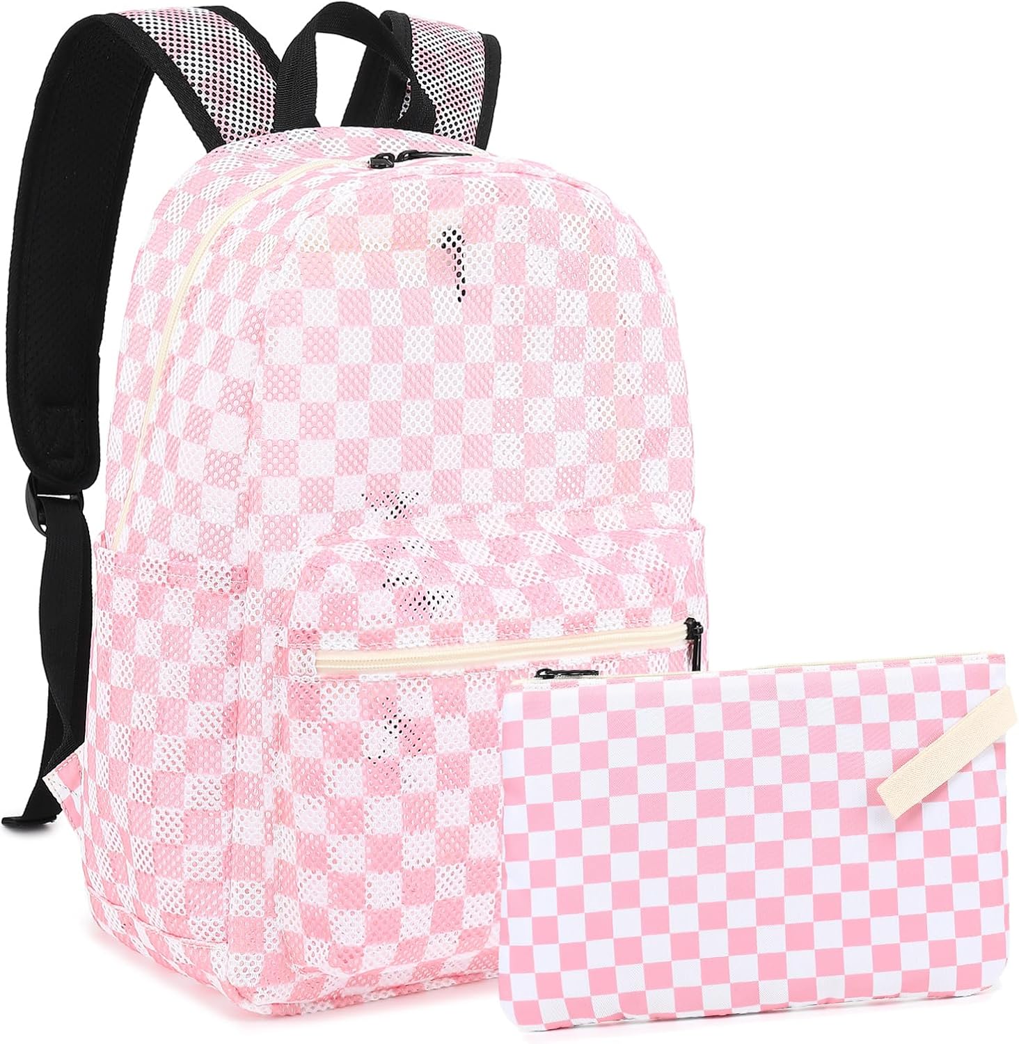Checkered Mesh Backpack for Girls, Kids Teens School Backpacks Women Bookbags Semi-transparent Beach Backpacks (Pink) - Image 6
