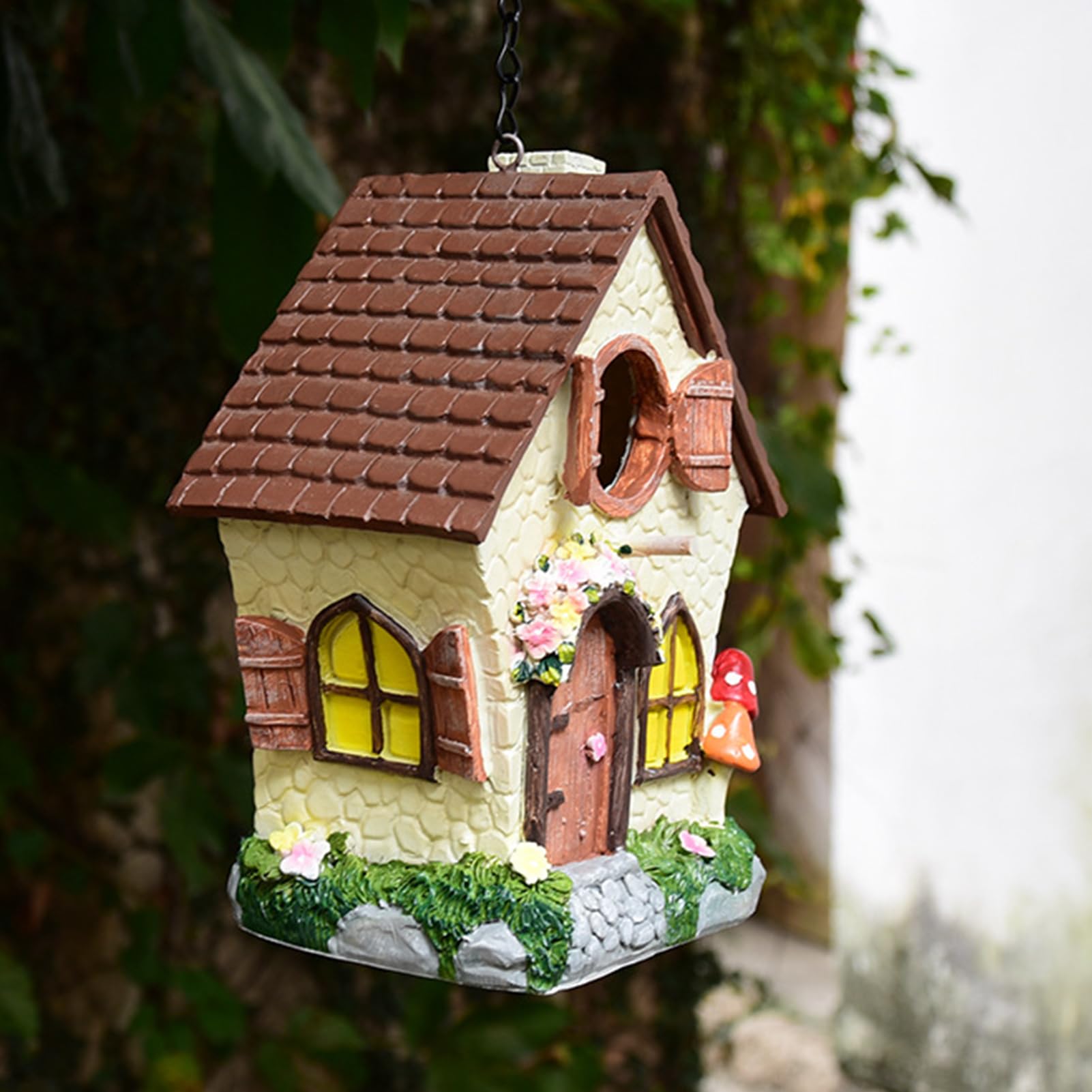 Casetta per uccelli, 21 cm, antivento, con catena, impermeabile, dipinta a mano, decorativa, per rondine, scricciolo, fringuello, albero esterno, giardino, cortile,
