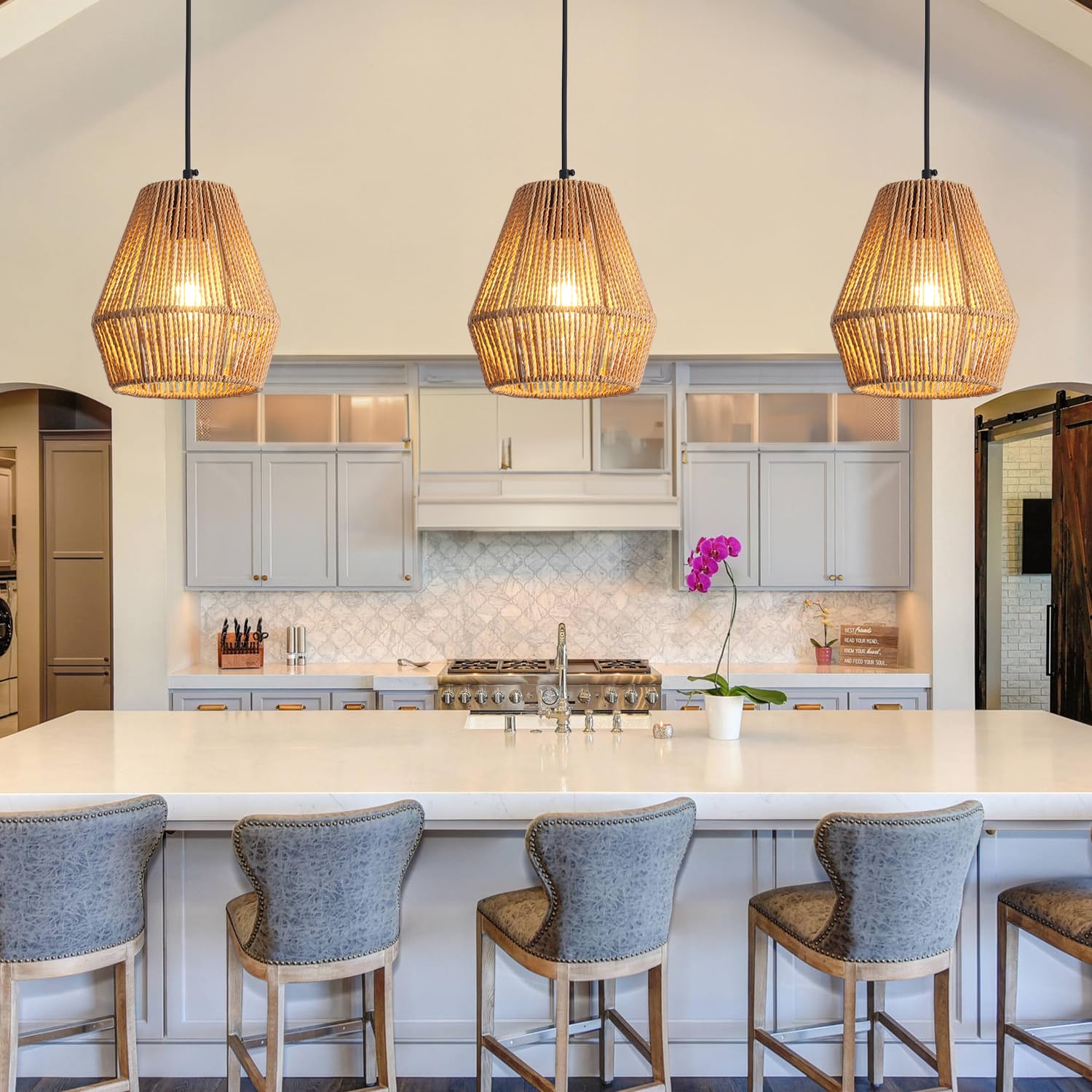 Heircido 3 Pack Woven Pendant Light Fixtures,7" Rattan Pendant Lights Brown Farmhouse Basket Light Fixture Adjustable Boho Hanging Lamp for Kitchen Island Farmhouse Bar Bedroom Dining Room