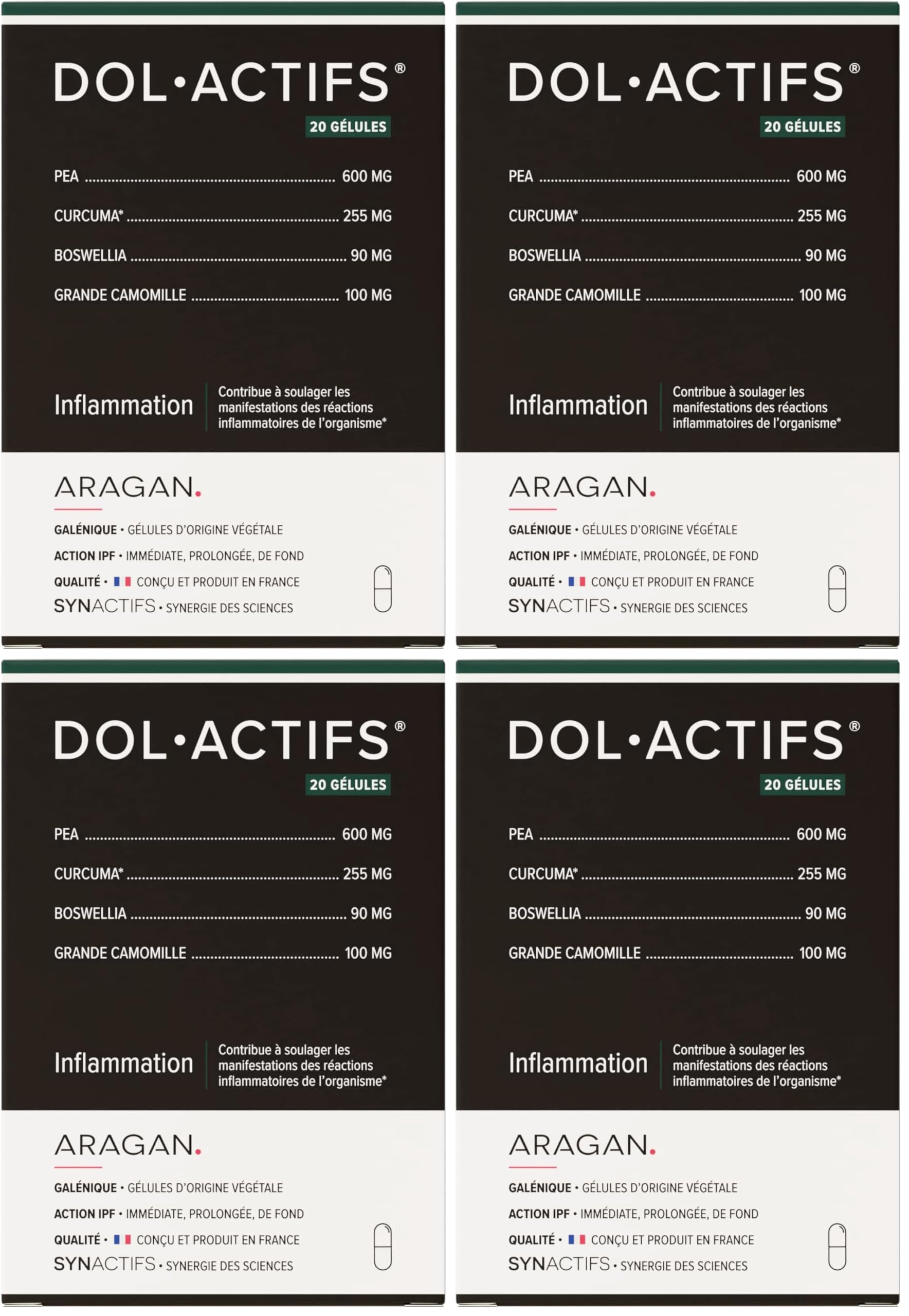 Dolactifs - Complément Alimentaire Anti Inflammatoire - Curcuma, PEA, Boswellia, Camomille - Aragan - 20 Gélules (Lot de 4)
