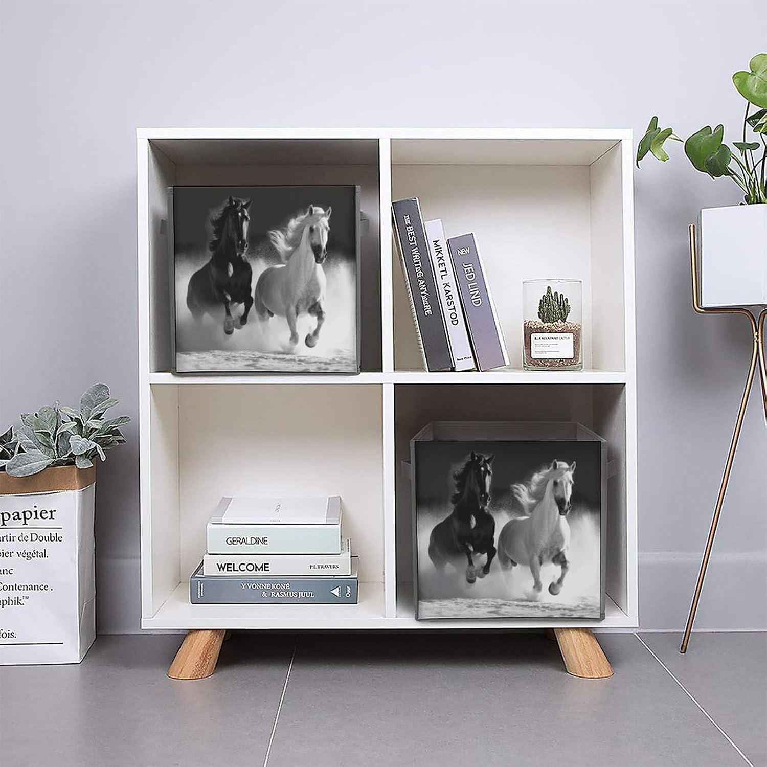 Folding Storage Bins Oxford Fabric Clothes Storage Boxes with Handles | Black And White Horses Running Cube Organizer, Easy to Store, Multi Functional Cube Storage Organizer for Office Bedroom