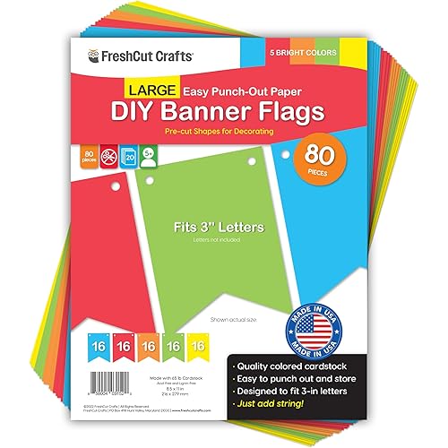 80 pcs Paper DIY Banner Flags Bright Pennant Banners, Large (3.75 x 5 in), US Made Card Stock Punch Out Blank Pennants for Party Decorations, Kids Birthdays, Classroom, Celebration, Festive Parties