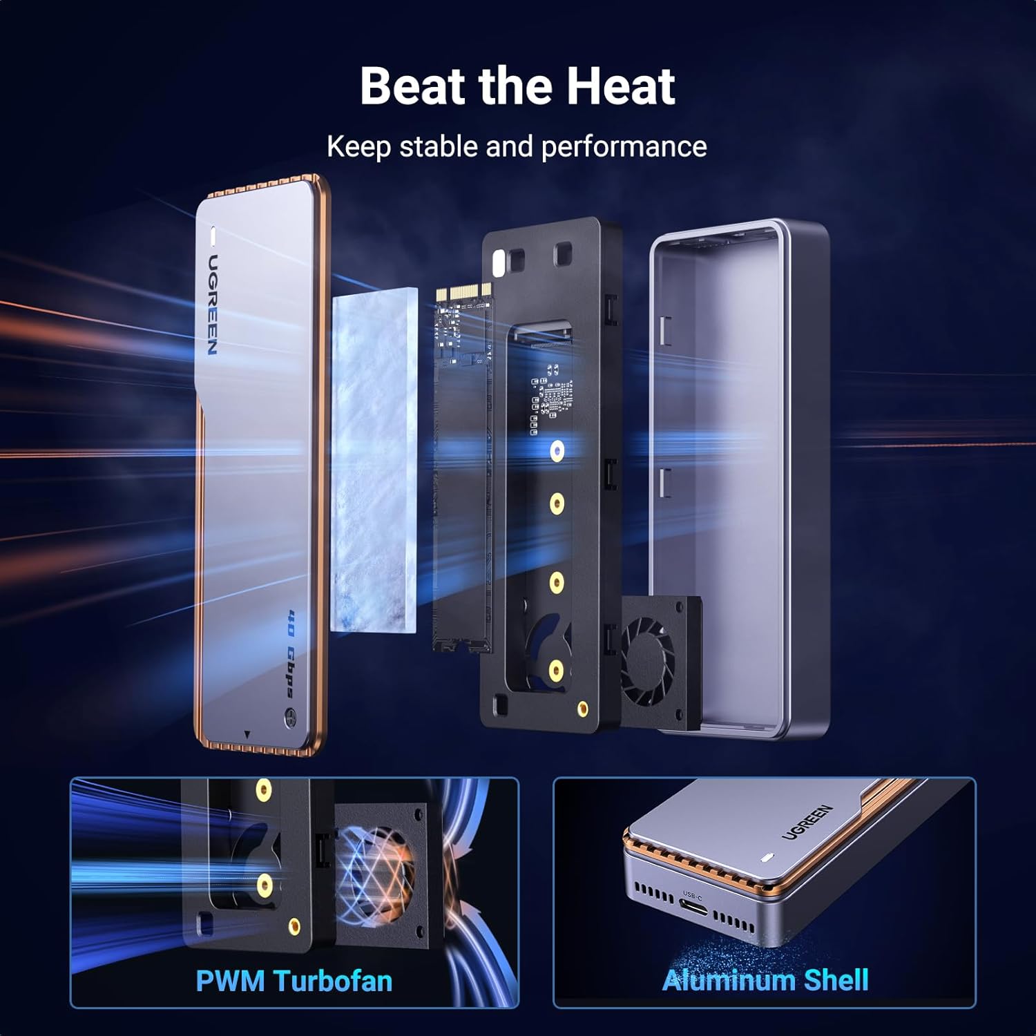 UGREEN 40Gbps M.2 NVMe Enclosure with Cooling Fan, Anti-Drop SSD Enclosure for MacBook, Aluminum M.2 Enclosure Support M/B+M Key Size 2280/2260/2242/2230 Compatible with Thunderbolt 3/4/USB4/3.2/3.1 - Image 3