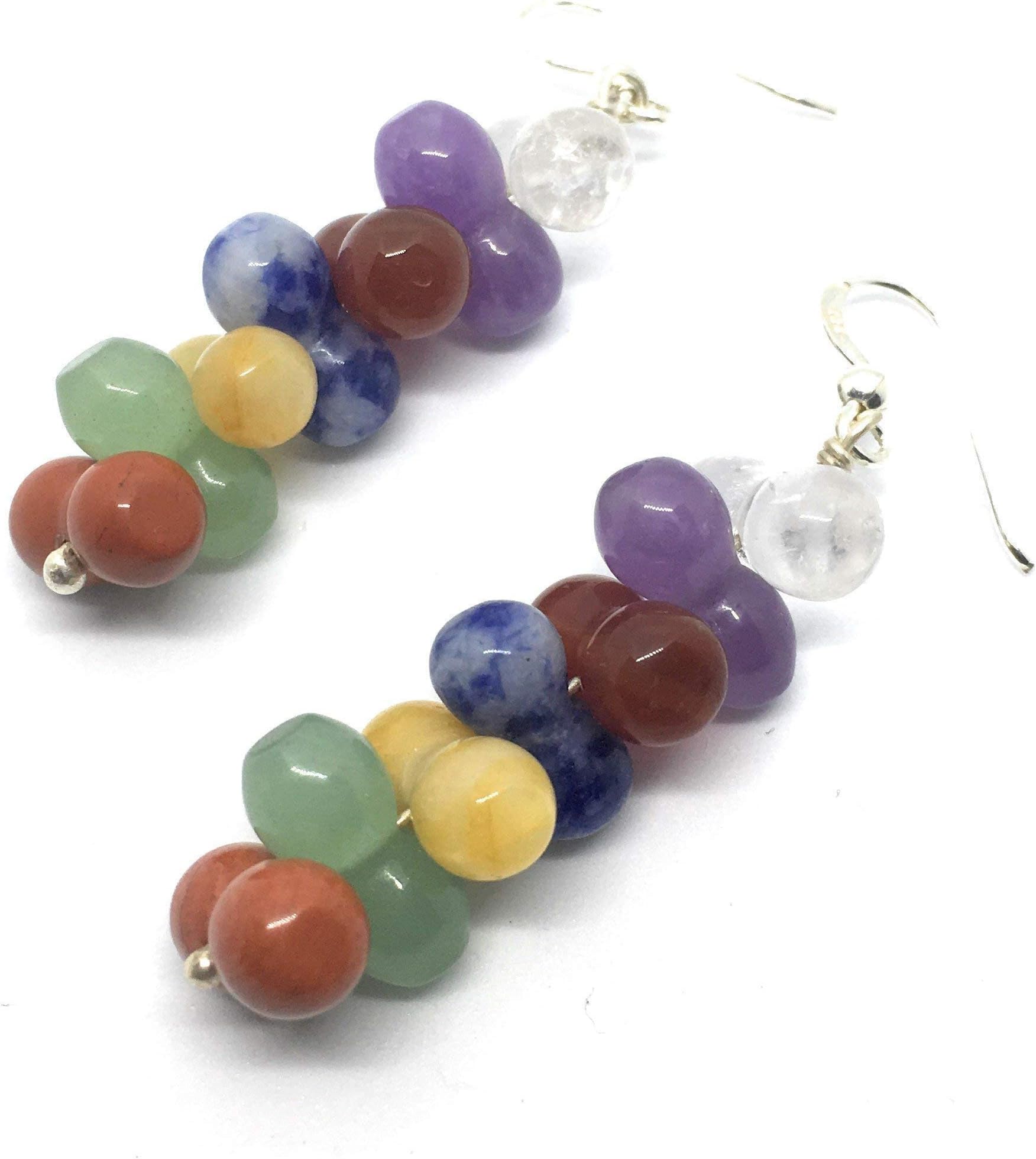Earrings of the 7 Chakras in Sterling Silver and Semiprecious Stones, 12mm Double Ball, Woman, Handmade by Nauta