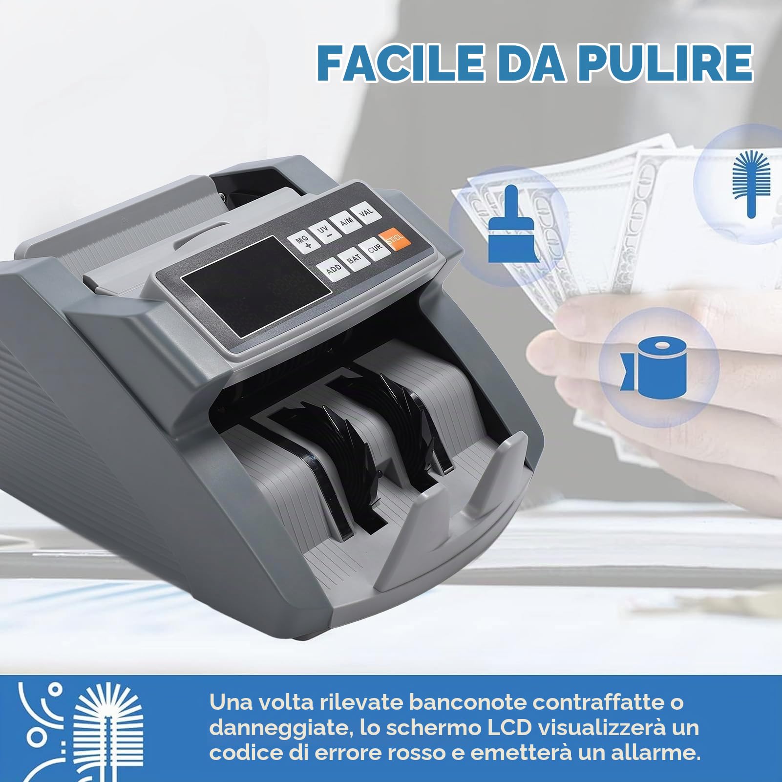 Contasoldi con Conteggio del Valore, Rilevamento Contraffazione MG/UG/IR Contatore di Banconote, Display LCD Dollaro Euro CHN Modalità Aggiunta e Batch Contatore di Cassa (Spina