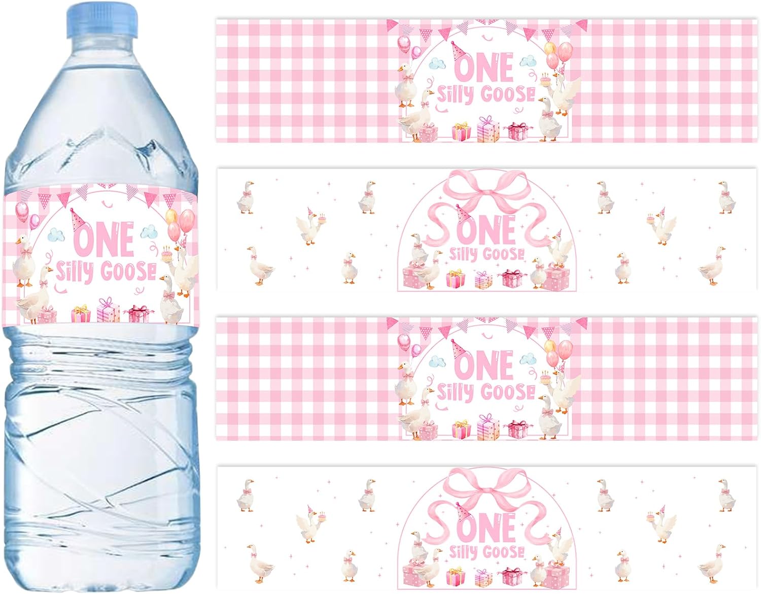 One Silly Goose 1st Birthday Party Supply Silly Goose Water Bottle Label for Girl Pink 32pcs Pink Bow Goose Waterproof Water Bottle Wrap for Goose First Birthday Baby Shower Party Decor