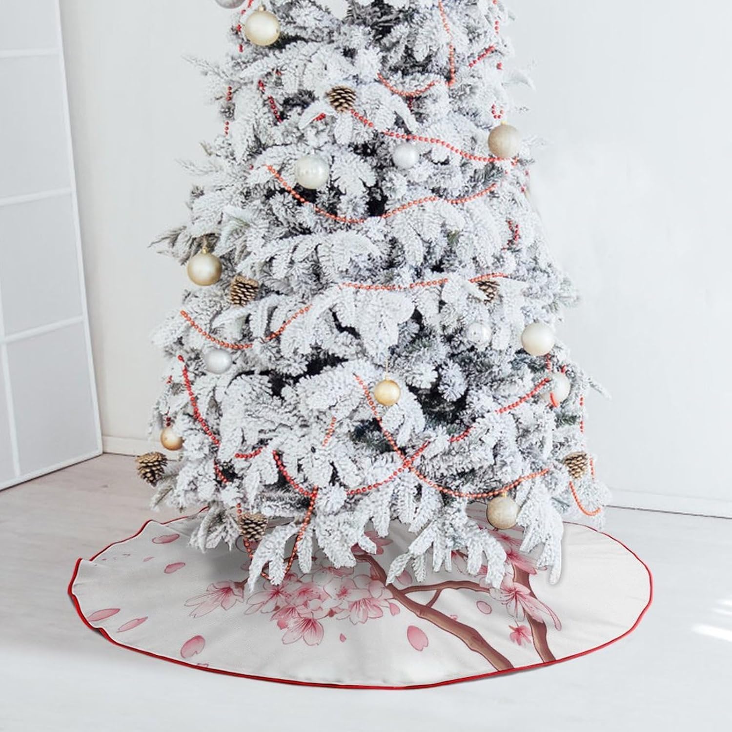 Cute Cat with Cherryflowers Christmas Tree Skirt Ornaments Christmas Tree Mat for Home Party Holiday Decorations