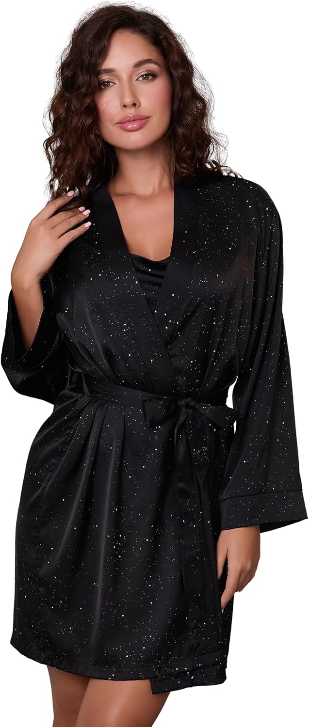 Womens Satin Glitter Robe Short Sparkly Kimono Long Sleeve Silky Bathrobe Soft Bridal Bridesmaid Robe Cozy Loungewear