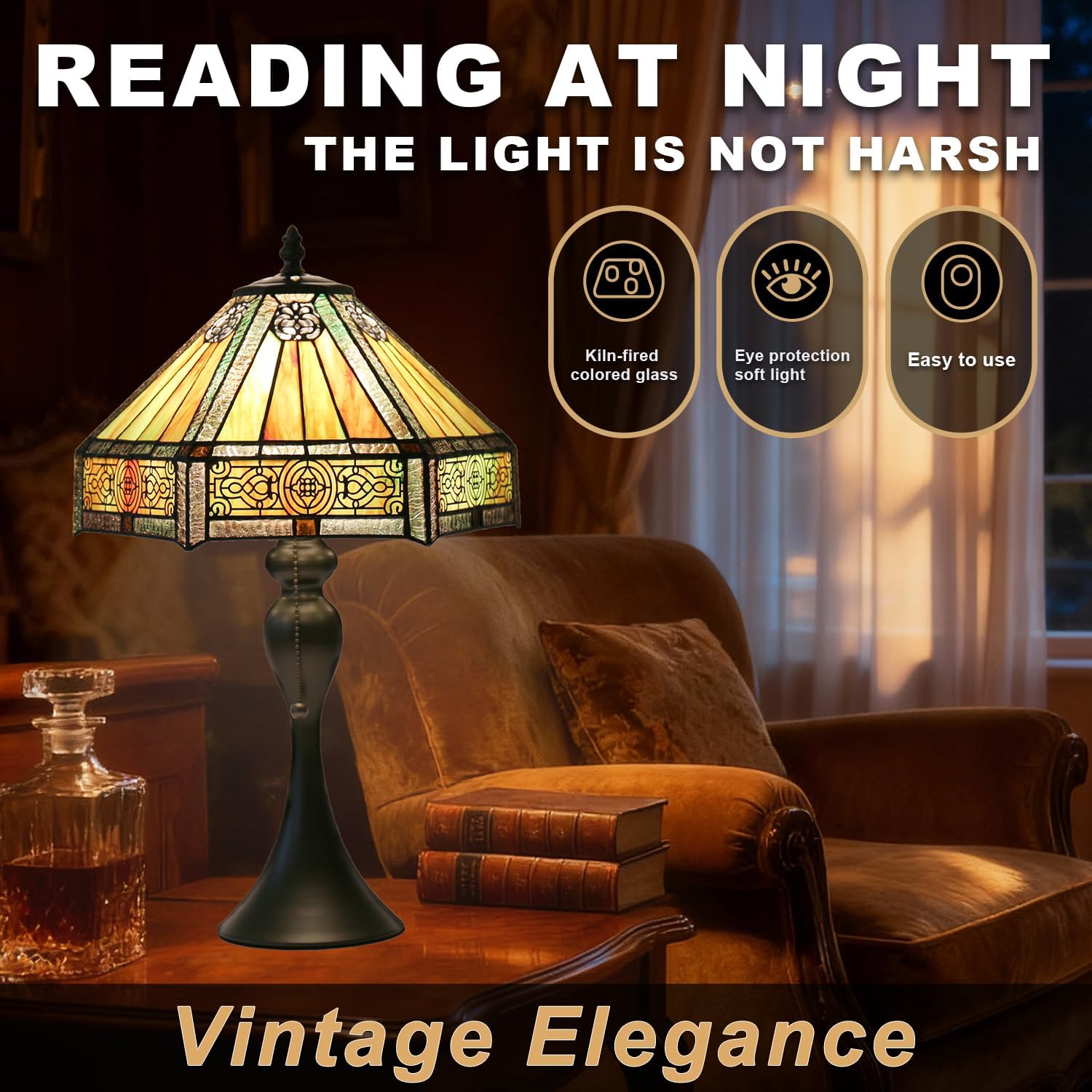 Tiffany Style Table Lamp, Stained Glass Lamp, 12x12x19 Inch, Vintage Metal Base Desk Light,（Amber）