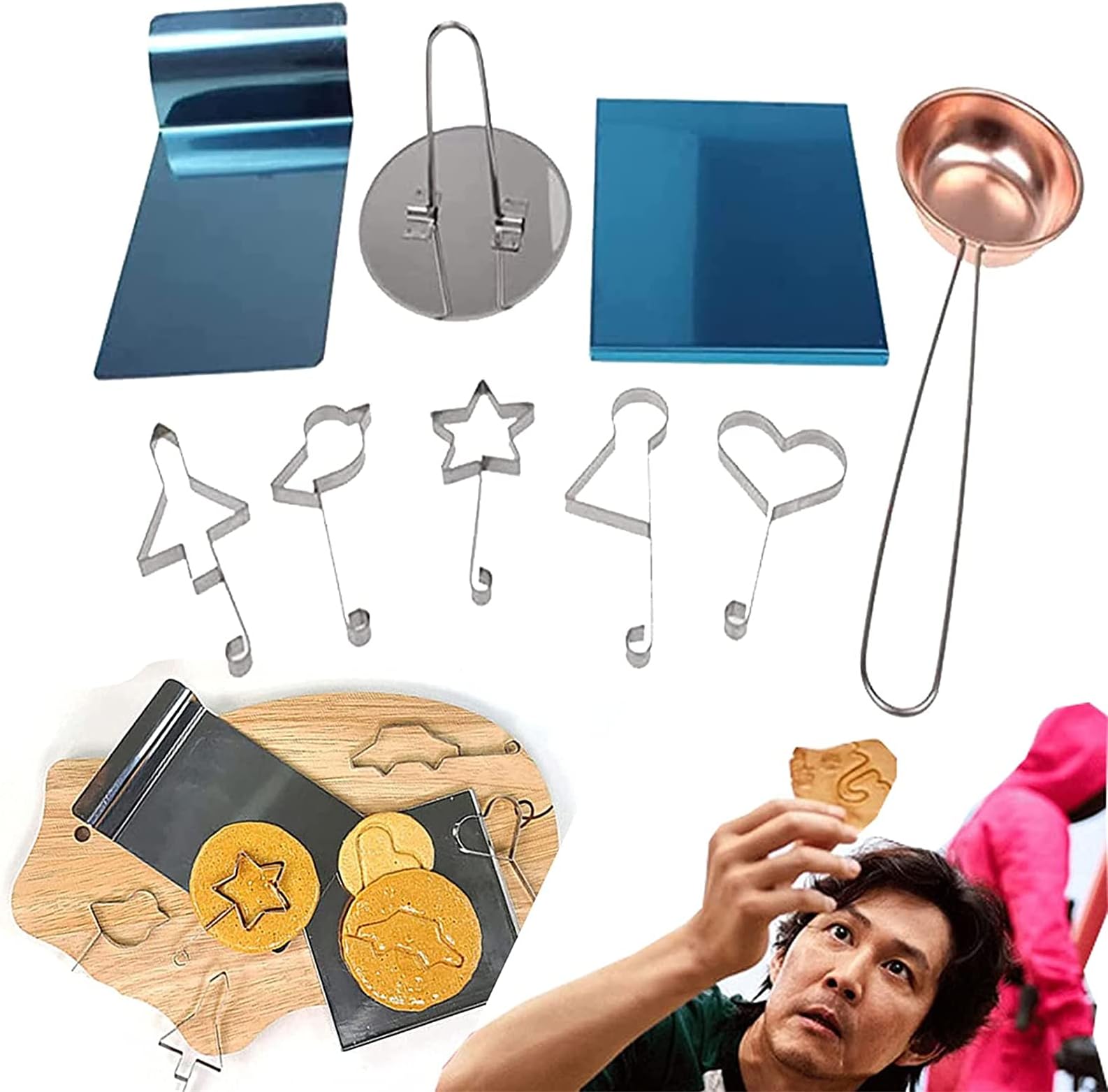 Xikangshun Squid Game Dalgona Kit, Squid Game Sugar Kit, Sugar Pie Squid Game Biscuits, Korean Sugar Candy Making Tools Set 9pcs in 1 Set, Realistic Korean Movie Props