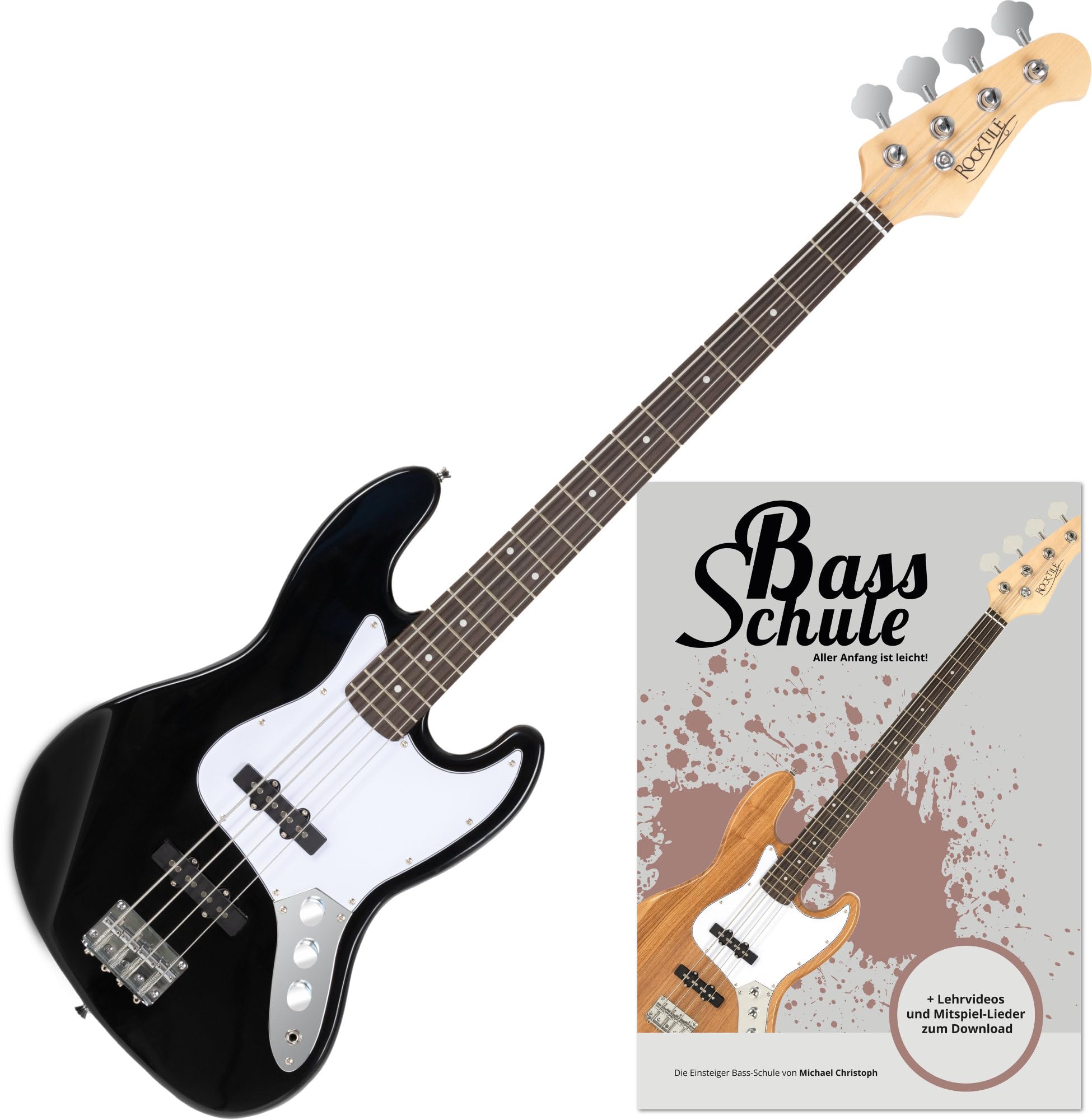 Rocktile Fatboy II BK E-Bass Black Set inkl. Schule, Jazz-Style E-Bass | 2 Single Coil Tonabnehmer, 2 Volume-/1 Toneregler, Korpus: Linde, Hals: Ahorn (unbehandelt), Griffbrett: Palisander, 21 Bünde