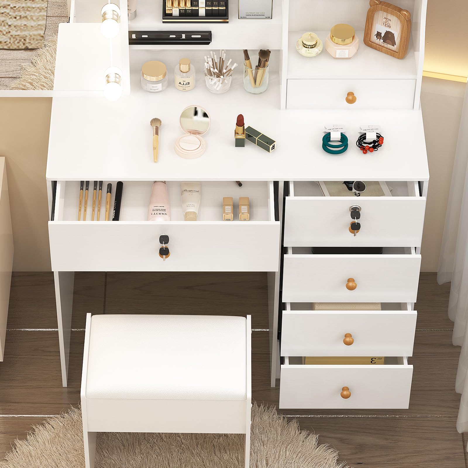 Toeletta da Trucco con Specchio Scorrevole e Sgabello, Scrivania Make Up Ampia con Luci Dimmerabili, 6 Cassetti e 6 Ripiani, 36×80×132 cm, Bianco, J72806