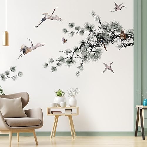 Miniatura 3 de Calcomanías creativas de pared de árbol de pino verde, ramas de árbol blanco, calcomanías de pared de grúa blanca, bricolaje, extraíble, estilo