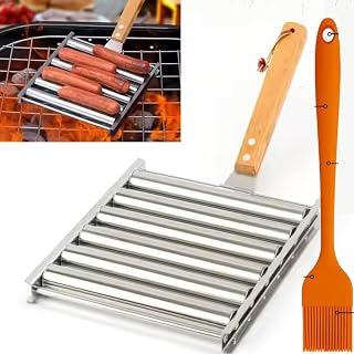 HOMECREDIBLE Stainless Steel Hot Dog Roller Grill – Evenly Cooks Without Flipping | Portable BBQ Tool with Removable Wooden Handles