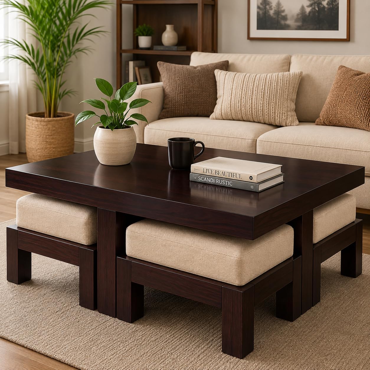 Furniture Sheesham Wood Coffee Table for Living Room | Center Table, with 4 Stools (Finish Color :- Walnut Finish with Cream Cushion)