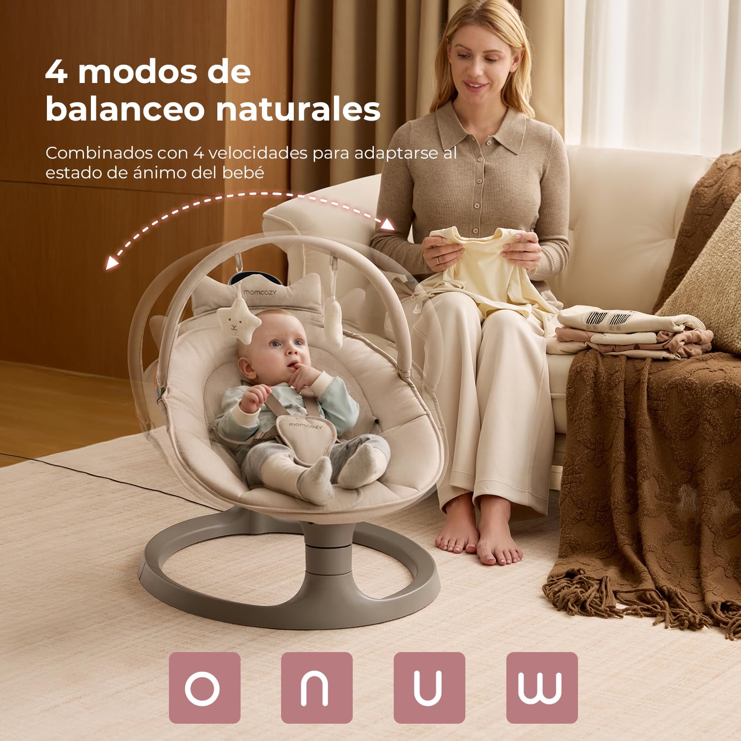 Momcozy 2 en 1 Hamaca Bebe Electrica, con Soporte de Doble Brazo, 4 Modos y 4 Velocidades de Balanceo, Mecedora Bebe Electrica Convertible en Asiento Fijo de hasta 30kg, 2 Posiciones de Reclinación