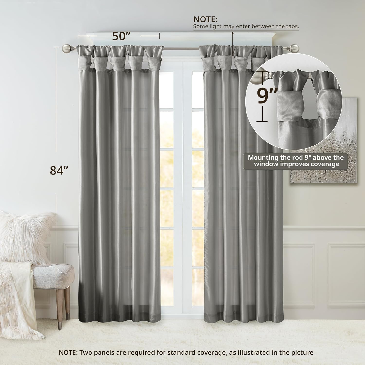 Charcoal Faux Silk Room-Darkening Tab Top Drapes