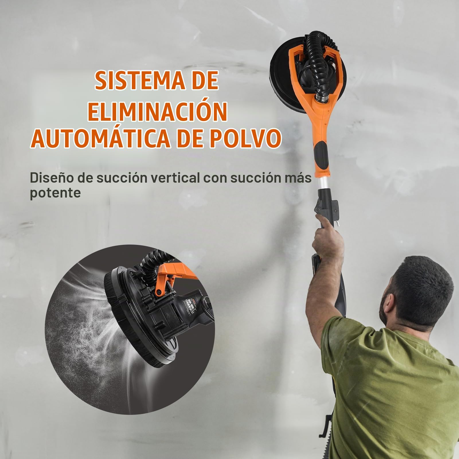 MAXXT Lijadora de pared 20V sin escobillas: Sistema de auto-aspiración, Control de velocidad continuo (600-1200 RPM), Disco de 225 mm, Plegable (extensible 110-165 cm), Para paredes y techos