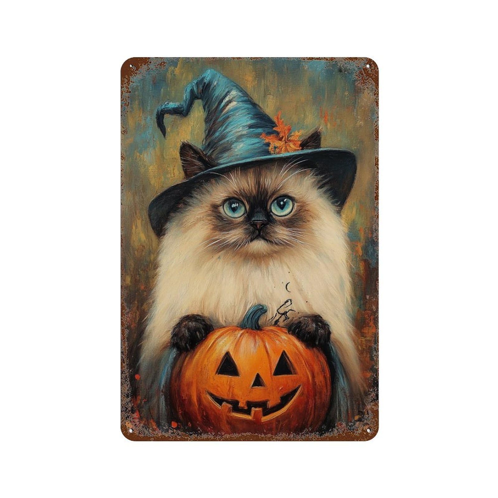Rustic Tin Plaque with Halloween Witch Cat with Pumpkin Design 11.8"x7.9", for Pub, Kitchen And Man Cave Decor, Old School Wall Decor