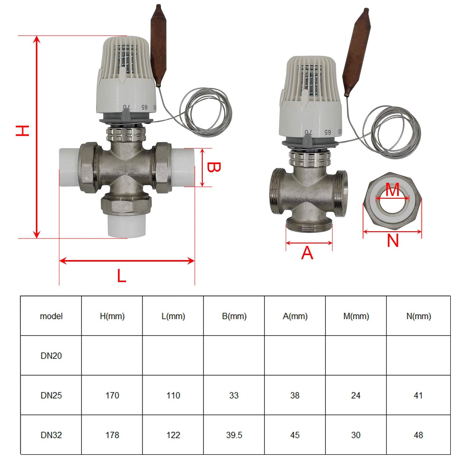 Oszczędność energii 30-70 stopnia System ogrzewania podłogowego termostatyczny Zawór chłodnicy M30 * 1.5 Zdalny sterownik 3 Way Valve PPR (Specification : DN20)