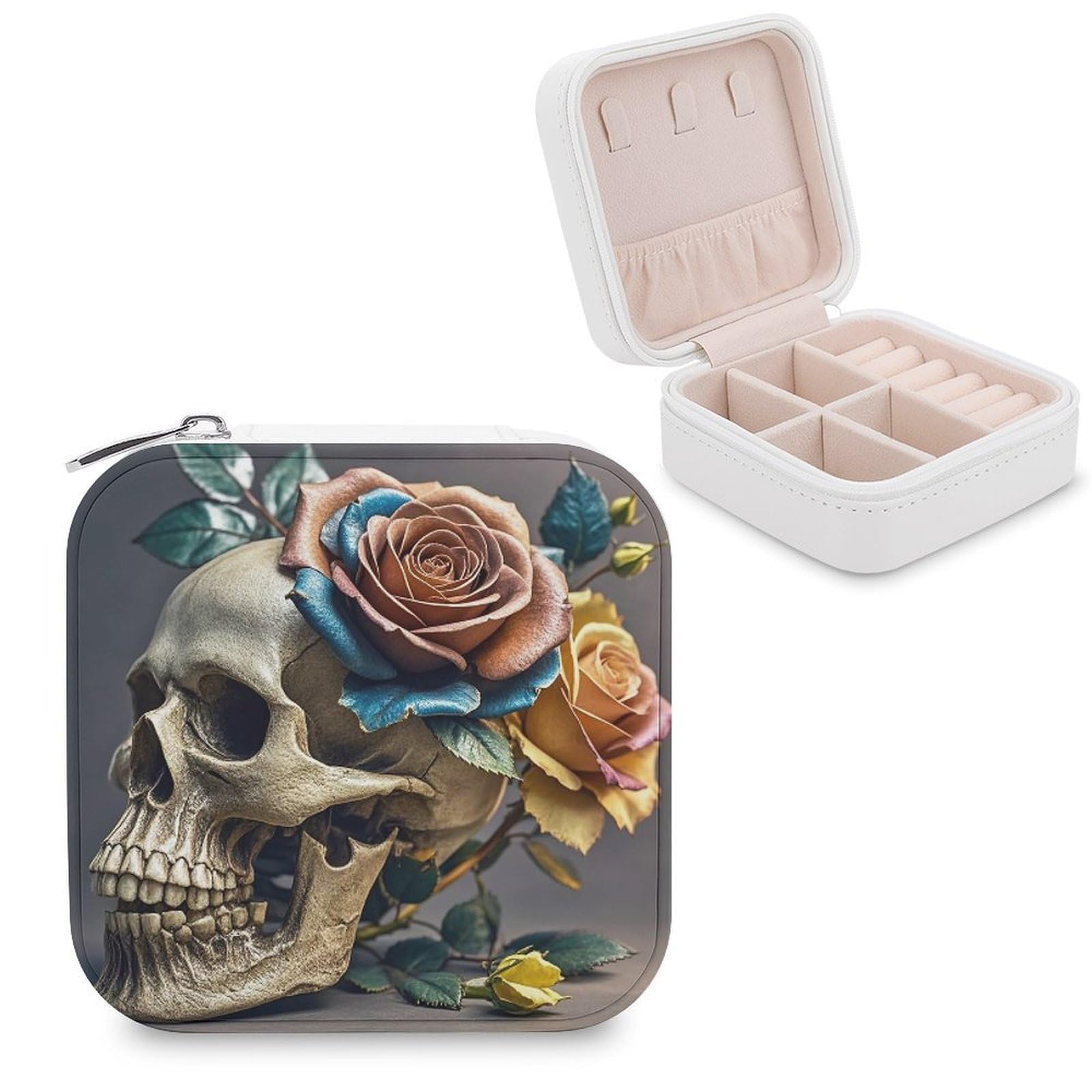 LZQPOEAS Leather Rose Skull Jewelry Box Mini Jewelry Travel Case Trendy Stuff Ring Box Custom PU Leather Jewelry Boxes Portable Jewelry Case Earring Storage Organizer for Girls Women
