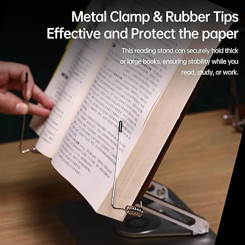 Miniatura 6 de Bisofice Soporte para libros de escritorio para lectura con base giratoria de 360, panel de madera y clips de página, plegable y ajustable en ángulo