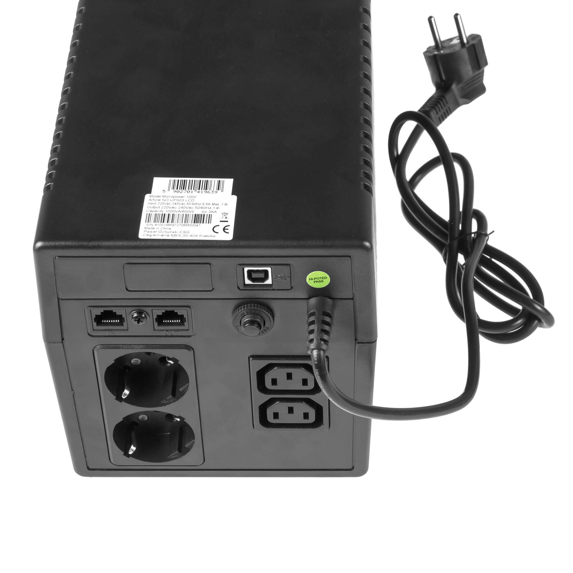 Green Cell® SAI Sistema de alimentación ininterrumpida UPS Potencia 1000VA (600W) 230V Fuente de alimentación Continua Line Interactive senoidal AVR USB/RJ45 2X Schuko 2X IEC Tomas con Pantalla LCD
