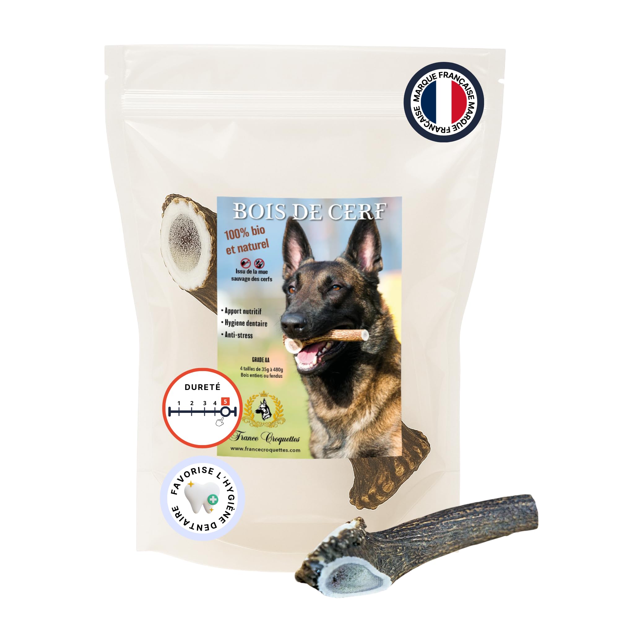Bois de Cerf XXL Entier 200-300 g pour Chien Moins de 50 kg, friandise Naturelle à mâcher Longue durée, Soin Dentaire mécanique, Occupation & Plaisir, 100% Bois de cerf Naturel