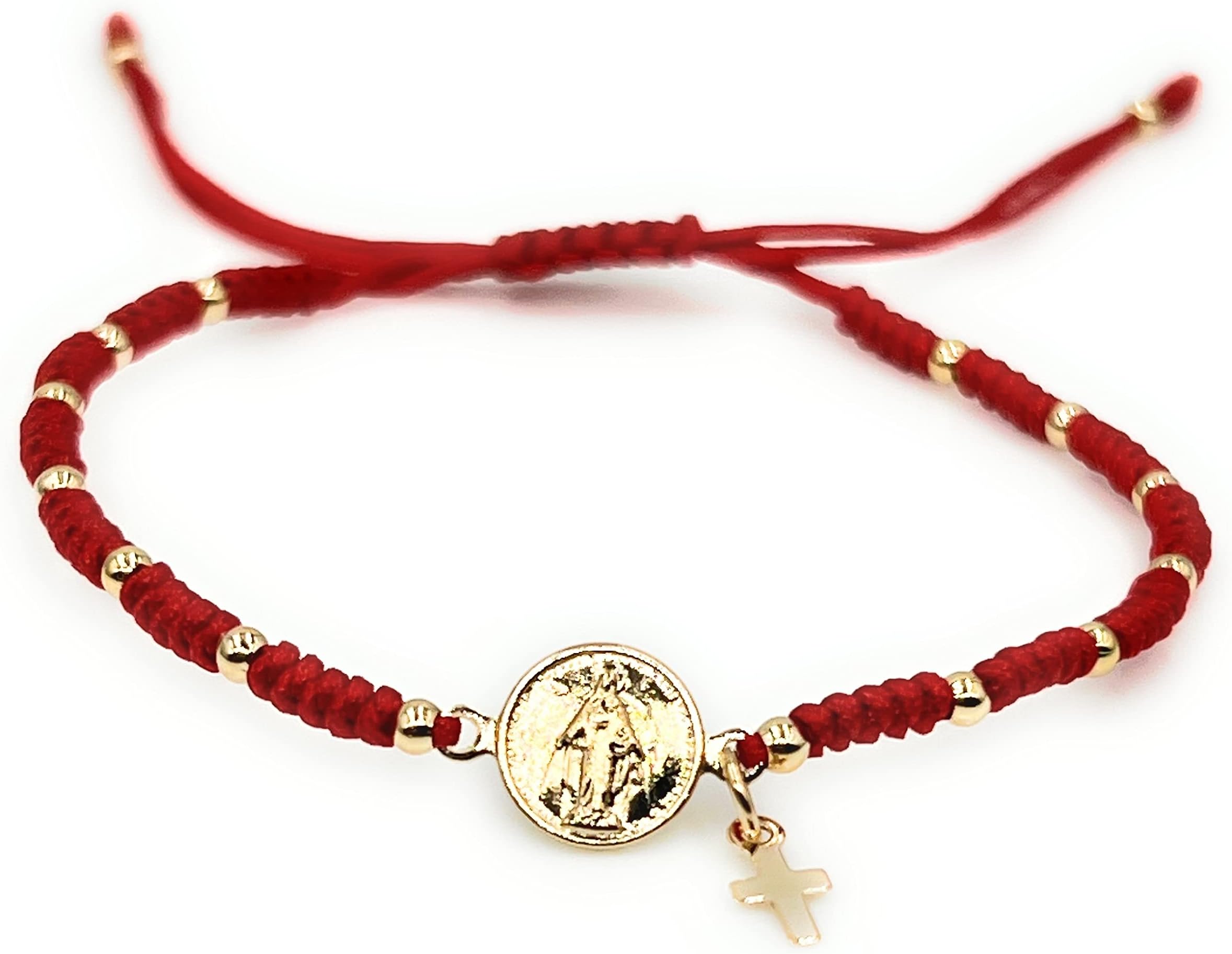 Red String Macrame Adjustable Handmade Bracelet with Gold Filled Beads and Miraculous Virgin Charm for Women and Girls