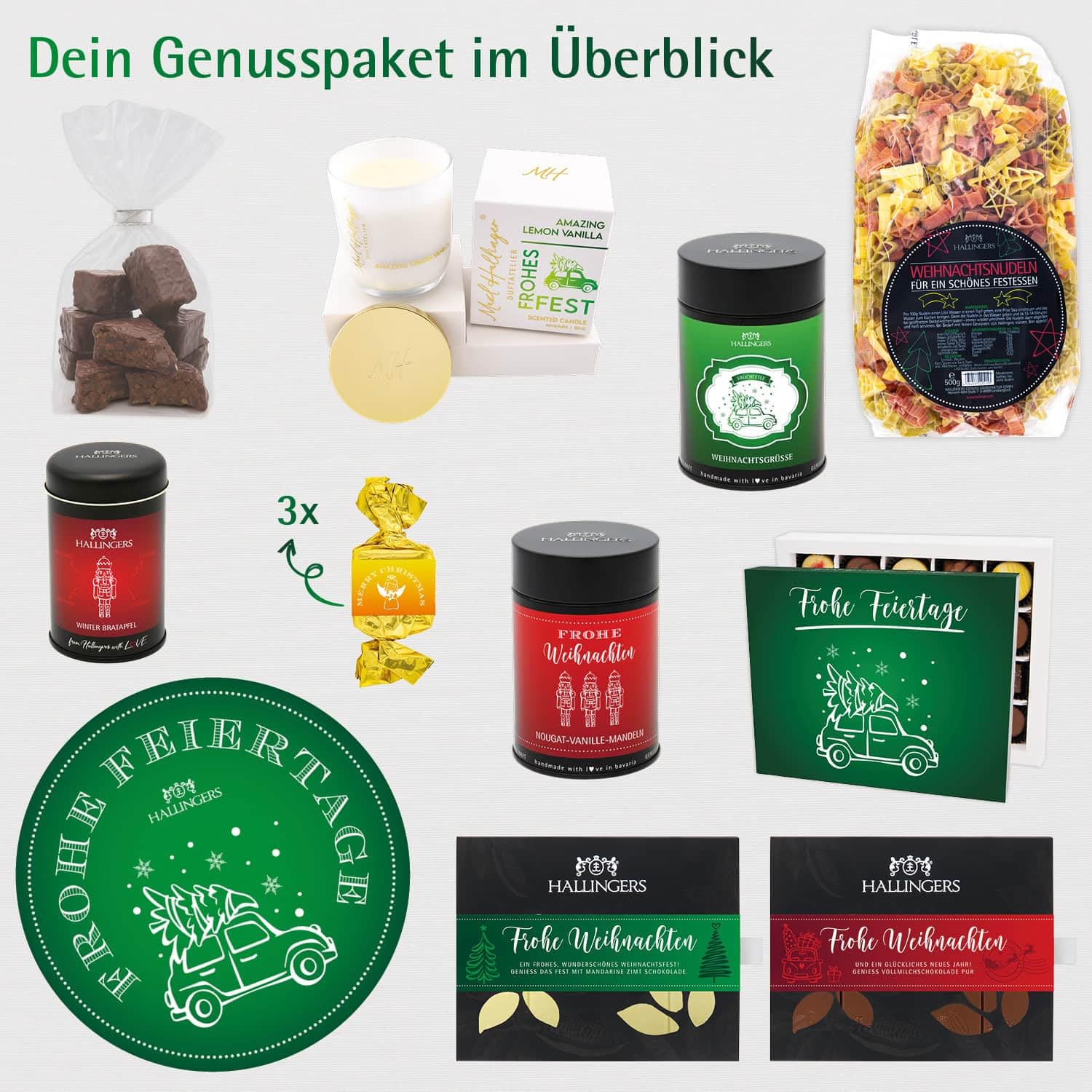 Hallingers Genuss Manufaktur Feinkost Weihnachts-Geschenk-Set - XXL-Geschenkkorb "Frohe Feiertage" große Selektion Pralinen, Nougat, Tee, Duftkerze, Pasta, Lebkuchen & mehr, Weihnachten für Frauen