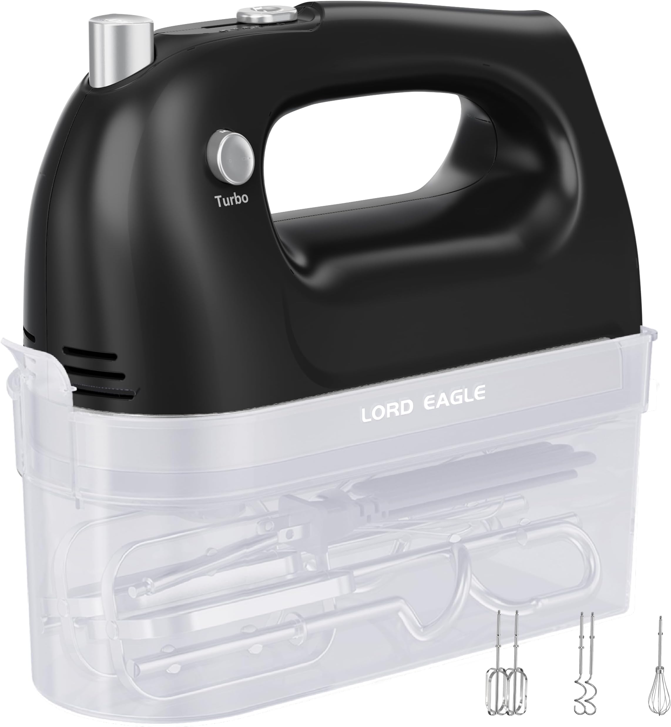 Lord Eagle Hand Mixer Electric Handheld 400W, 5-Speed Lightweight Kitchen Mixer with Storage Case, 5 Stainless Steel Attachments for Baking Cake Egg Cream Food Beater, Turbo+Eject Button, Black