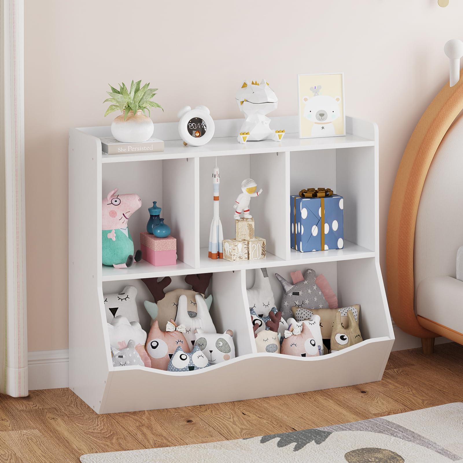 HAUSPROFI Étagère pour enfant avec 5 compartiments - Bibliothèque pour enfants et jouets 2 en 1 - Étagère de rangement pour chambre d'enfant - Rangement pour salle de jeux pour enfants, couloir,