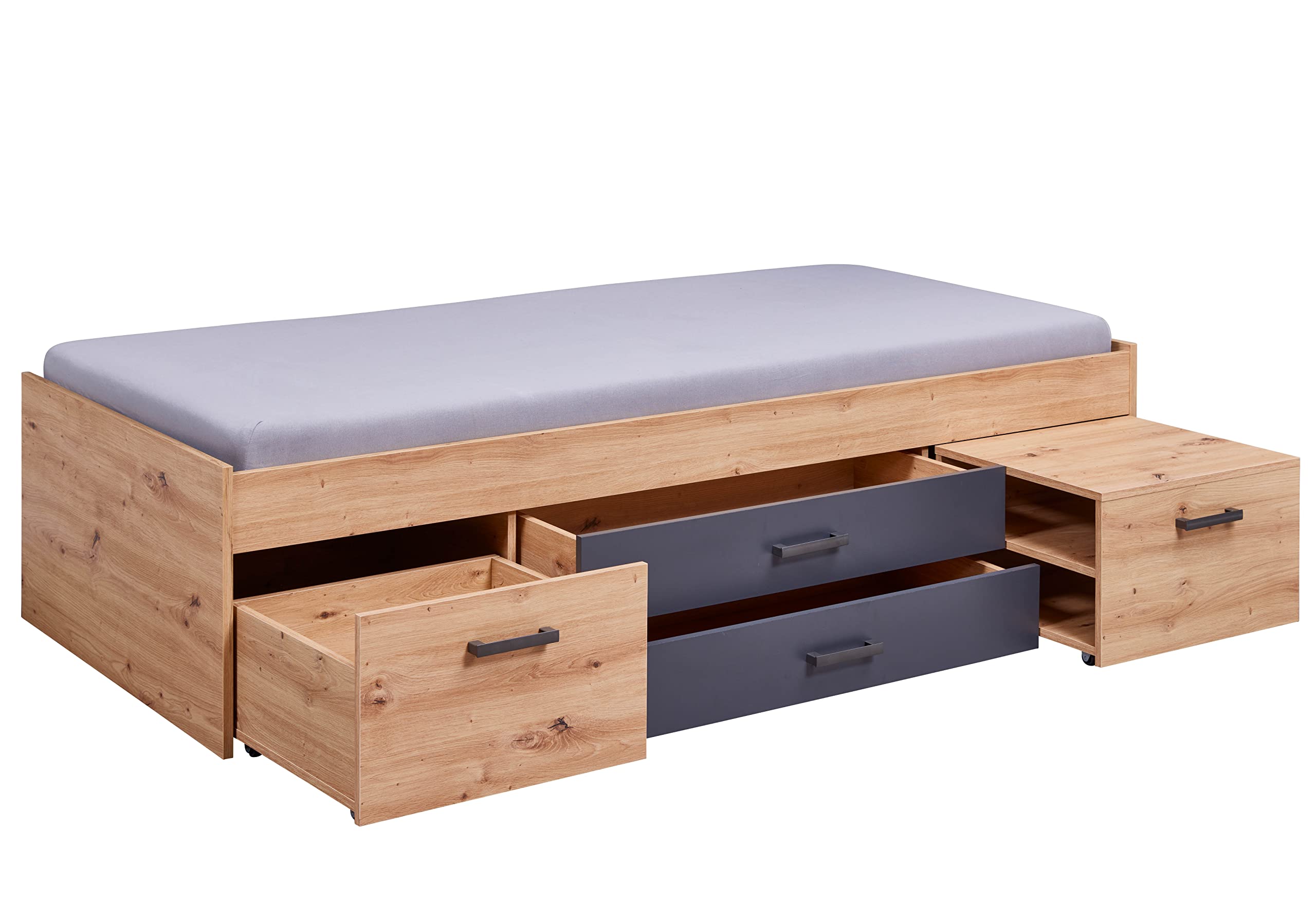 Inter Link - Funktionsbett - Stauraumbett - Bett mit Schubladen und Nachttisch - Farbe Eiche Artisan - Grau - Für Erwachsene, Kinder, Jugendliche - Einzelbett- Liora Bett 90 x 200 cm