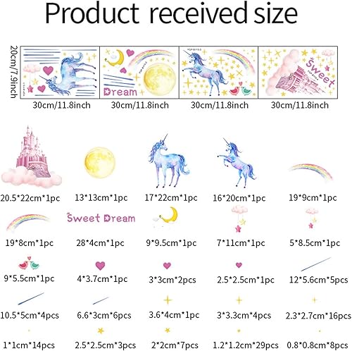 Miniatura 3 de Calcomanías de pared que brillan en la oscuridad de castillo de unicornio, calcomanías de pared coloridas con estrellas de luna, dulce sueño, arte