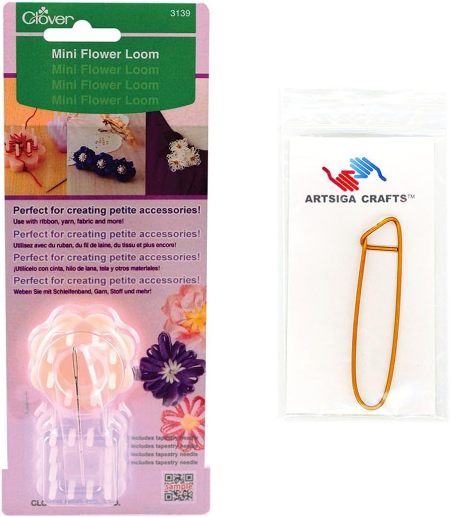 Clover Needlecraft Mini Flower Loom Bundle with 1 Artsiga Crafts Stitch Holder 3139