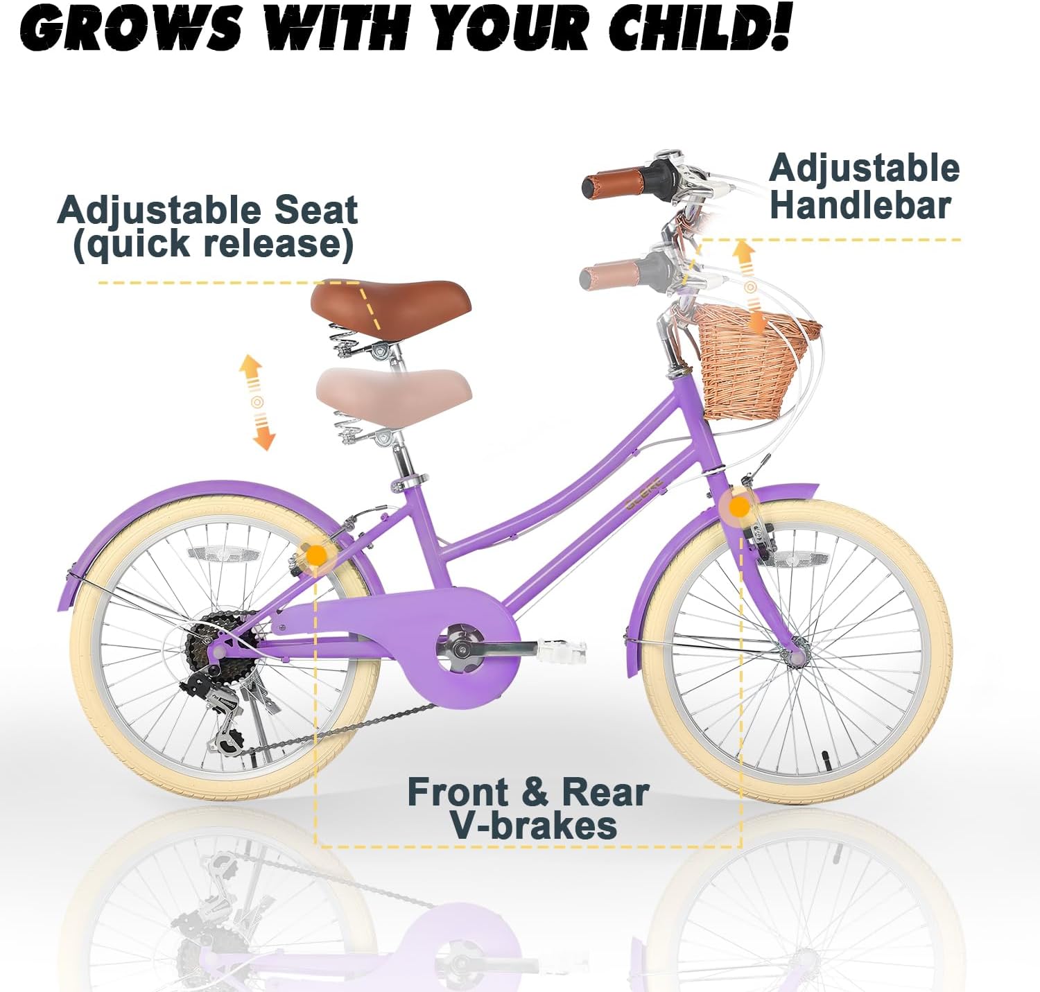 Color purple Glerc 20 24 26 Inch Beach Cruiser Bike, 6-Speed Hybrid City Bicycle for Girls Youth and Over 6 Years Old, Missy Bike with Wicker Basket & Lightweight, Multiple Colors