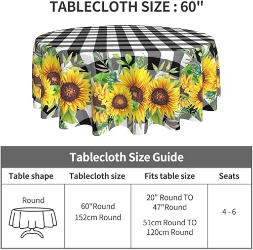 Miniatura 4 de Mantel redondo de girasol de 60 pulgadas, tela de búfalo blanco y negro, lavable, a prueba de derrames, sin arrugas, primavera y verano, para