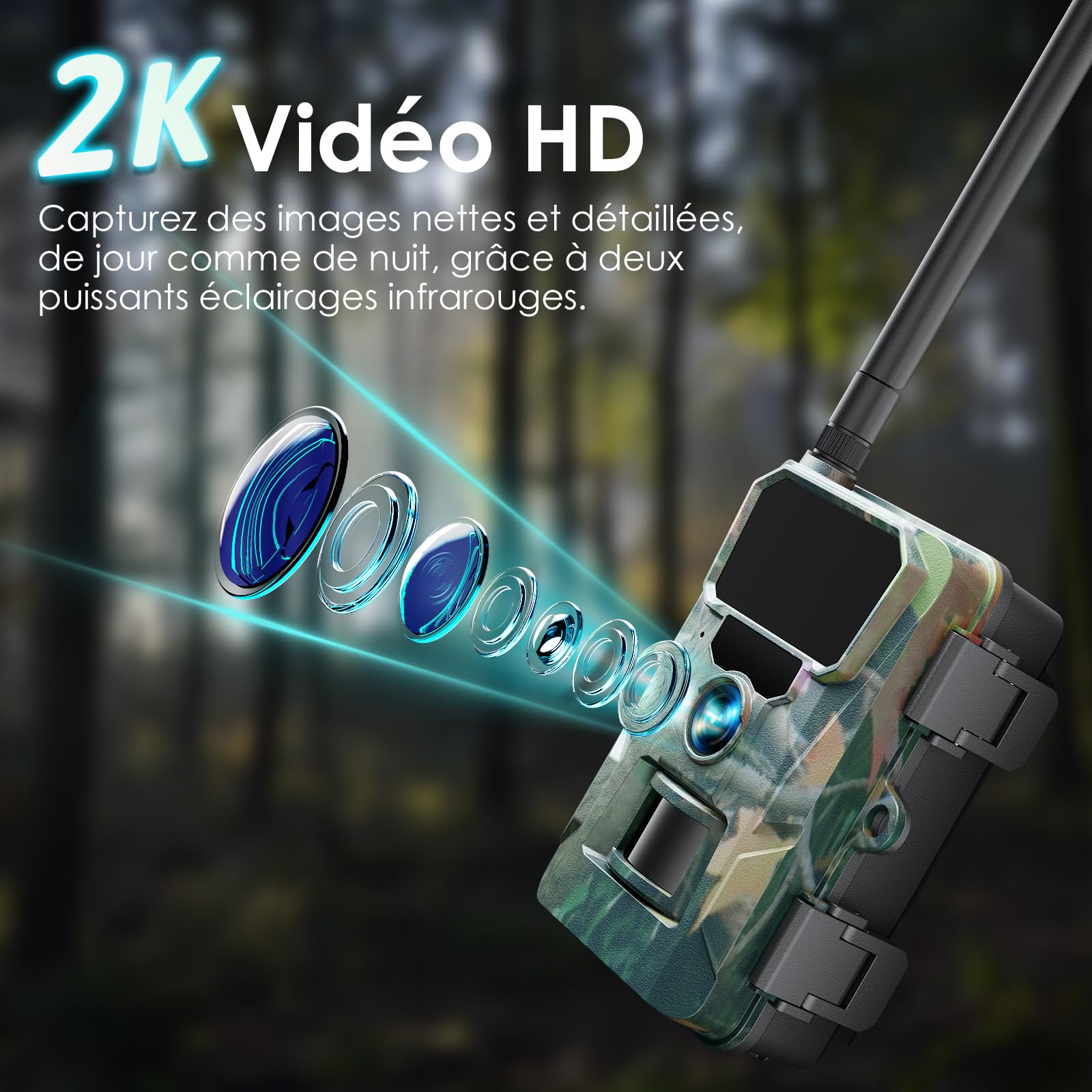 WOLFANG Caméra de Chasse 4G,48MP 2K HD Camera Chasse avec Détection de Mouvement, Vision Nocturne, Déclenchement 0,2s, IP66 Etanche pour l'observation des Animaux