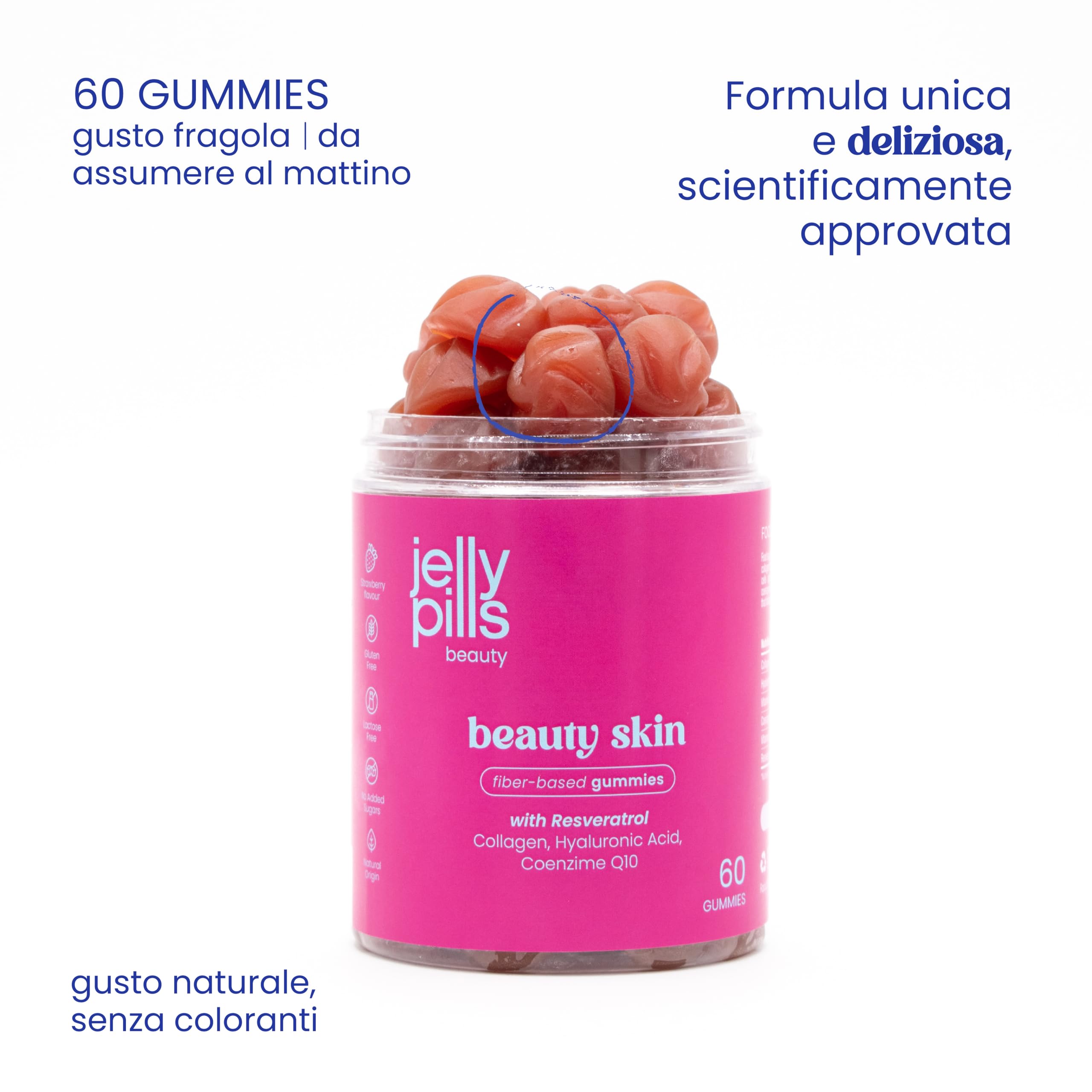 Jelly Pills Gummies Collagene 500 mg + Resveratrolo 50 mg + A.Ialuronico + Coenzima Q10 + Vitamine C E - 60 Gummies per 2 mesi - Senza Zuccheri - Gusto Fragola Naturale - Pelle e Articolazioni