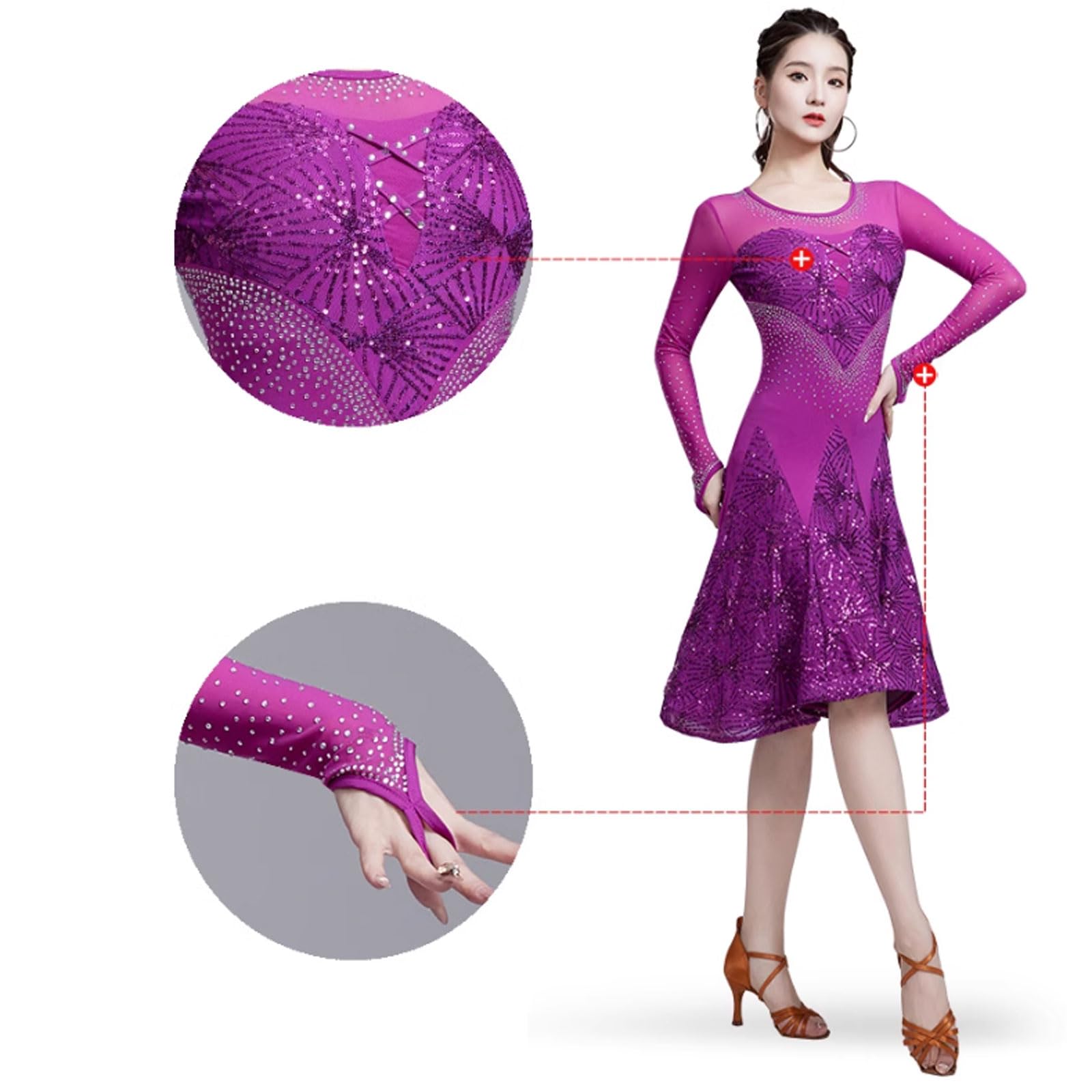 Latein Tanzkleider Pailletten Ballsaal Leistung Tanzbekleidung Langarm Salsa-Tango üben Kostüm für Frauen Strasssteine Tanzoutfit für Rumba Samba