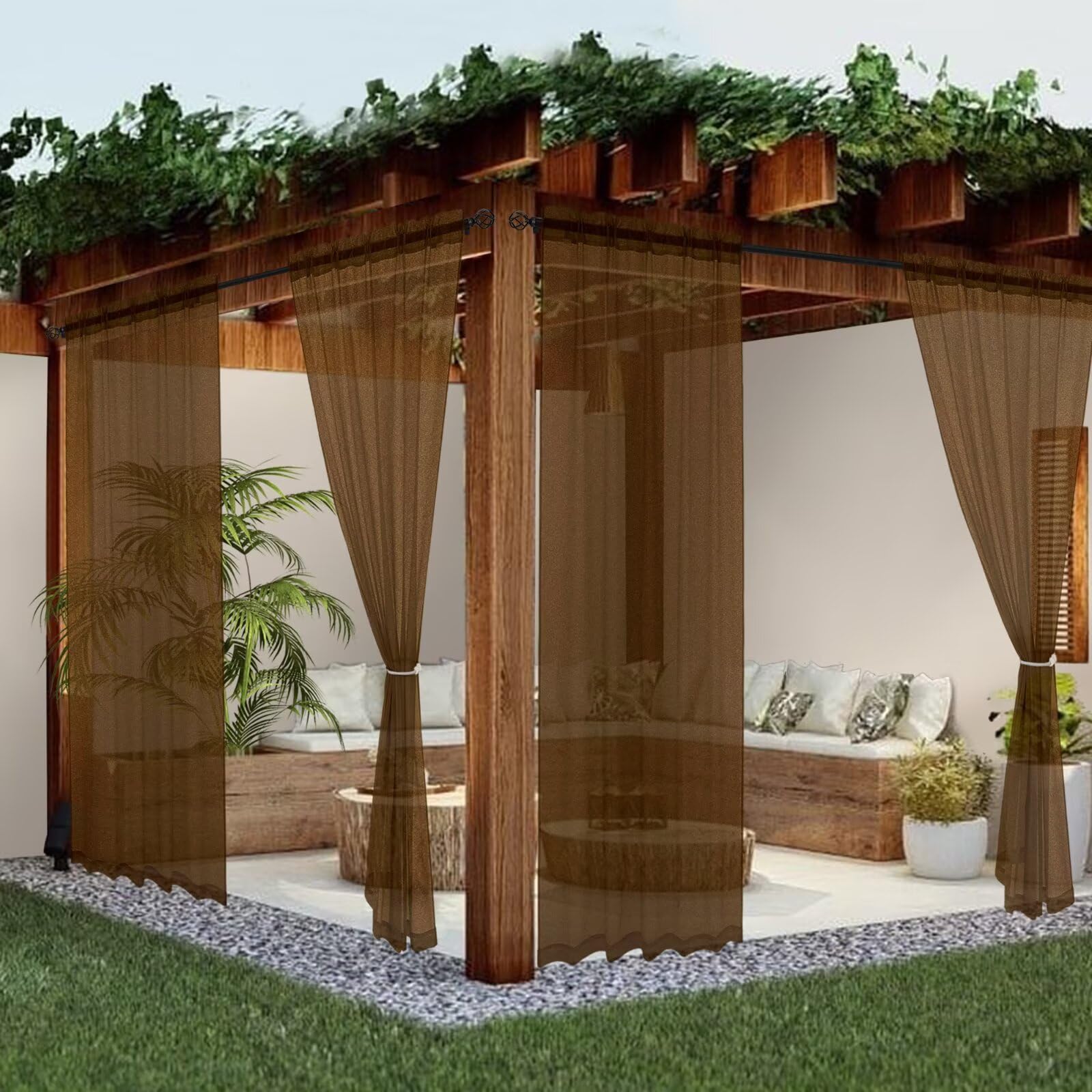 youleyar Sheer Outdoor Curtains for Patio Waterproof 4 Panels Linen Look Rod Pocket Indoor Brown Voile Curtain for Living Room, Bedroom, Porch, Pergola, Cabana, Gazebo(52x108 Inch, Brown)