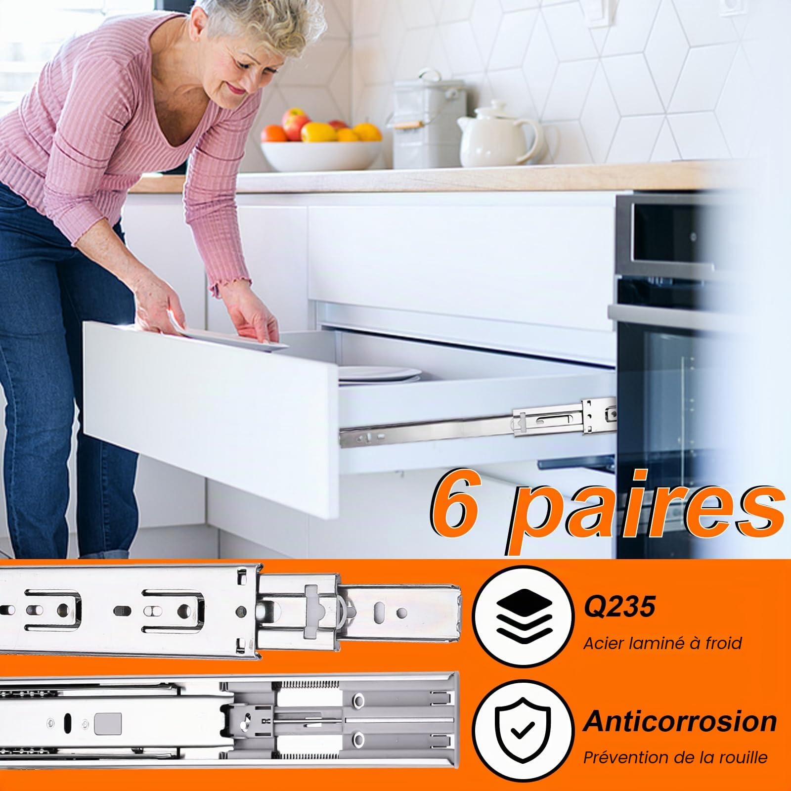 glissières de tiroir 6 paires (12 pièces),55cm glissiere pour tiroir, amortisseur coulisse tiroir avec roulements à billes, montage latéral,extension complète, capacité de charge 45 Kg,argenté