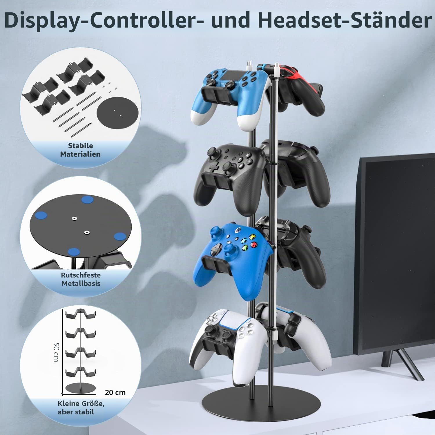 Gaming Deko Controller Halterung, 4-Stufen Controller Halter & Kopfhörer Halterung Tisch mit Kabel Gaming Organizer, Kopfhörer Halter für Universaler Controller/Headset, Gaming Zubehör Zimmer Deko