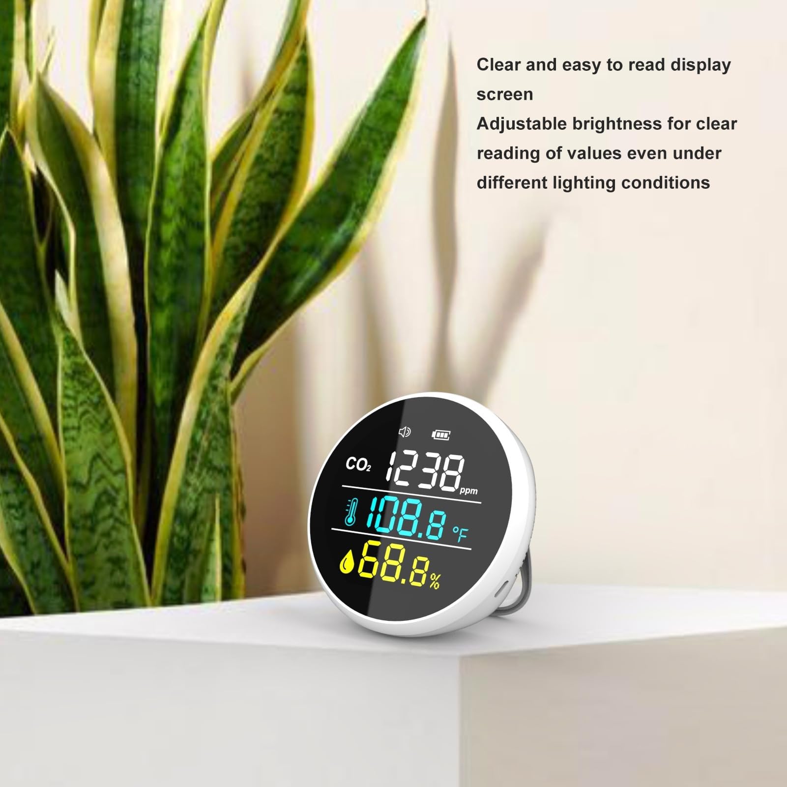 Jeffergarden Monitor de CO2 Monitor Portátil de Calidad del Aire con Carcasa de ABS Rango de 400 a 5000 PPM Temperatura Pantalla de Humedad Alarma de Voz 1000 MAh para Uso en el Hogar, Oficina,