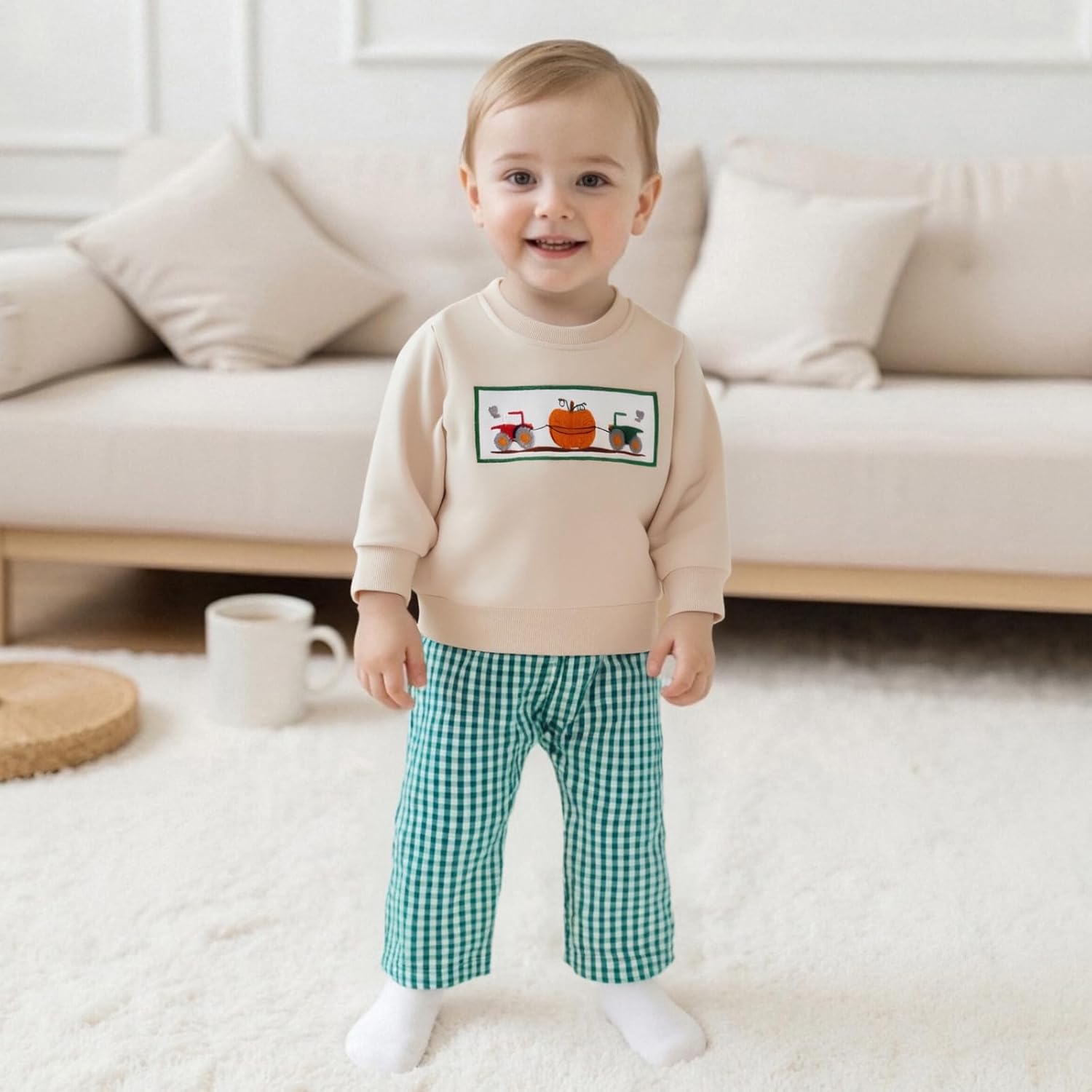 Toddler Baby Boy Halloween Outfit Pumpkin Excavator/Tractor Embroidery Long Sleeve Sweatshirt and Plaid Pants Set - Image 3
