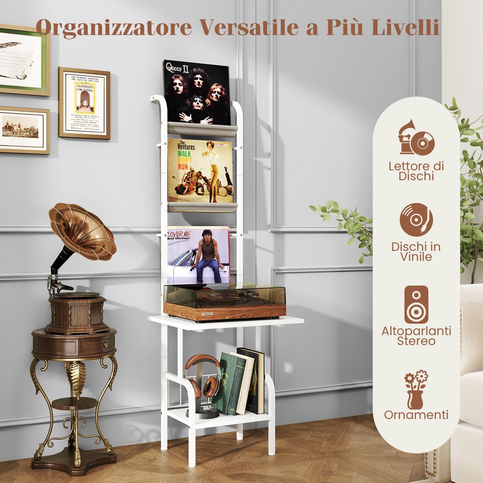 RELAX4LIFE Supporto per Giradischi, Scaffale Esposizione Vinili a 5 Livelli, Telaio in Metallo, Supporto per Giradischi con Porta Vinili, 50 x 51 x 145 cm (Bianco)