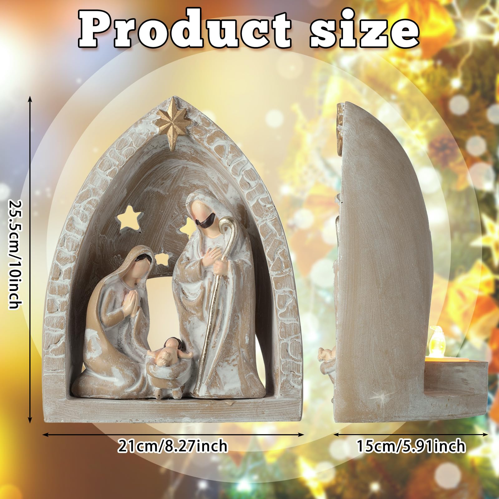 WILLBOND Christmas Nativity Sets, Modern Style Resin Nativity Tealight Candle Holder Xmas Indoor Statue Ornaments for Christmas Holidays Decoration Holy Family Figurine Gift(10 x 8.3 x 5.9 Inch)